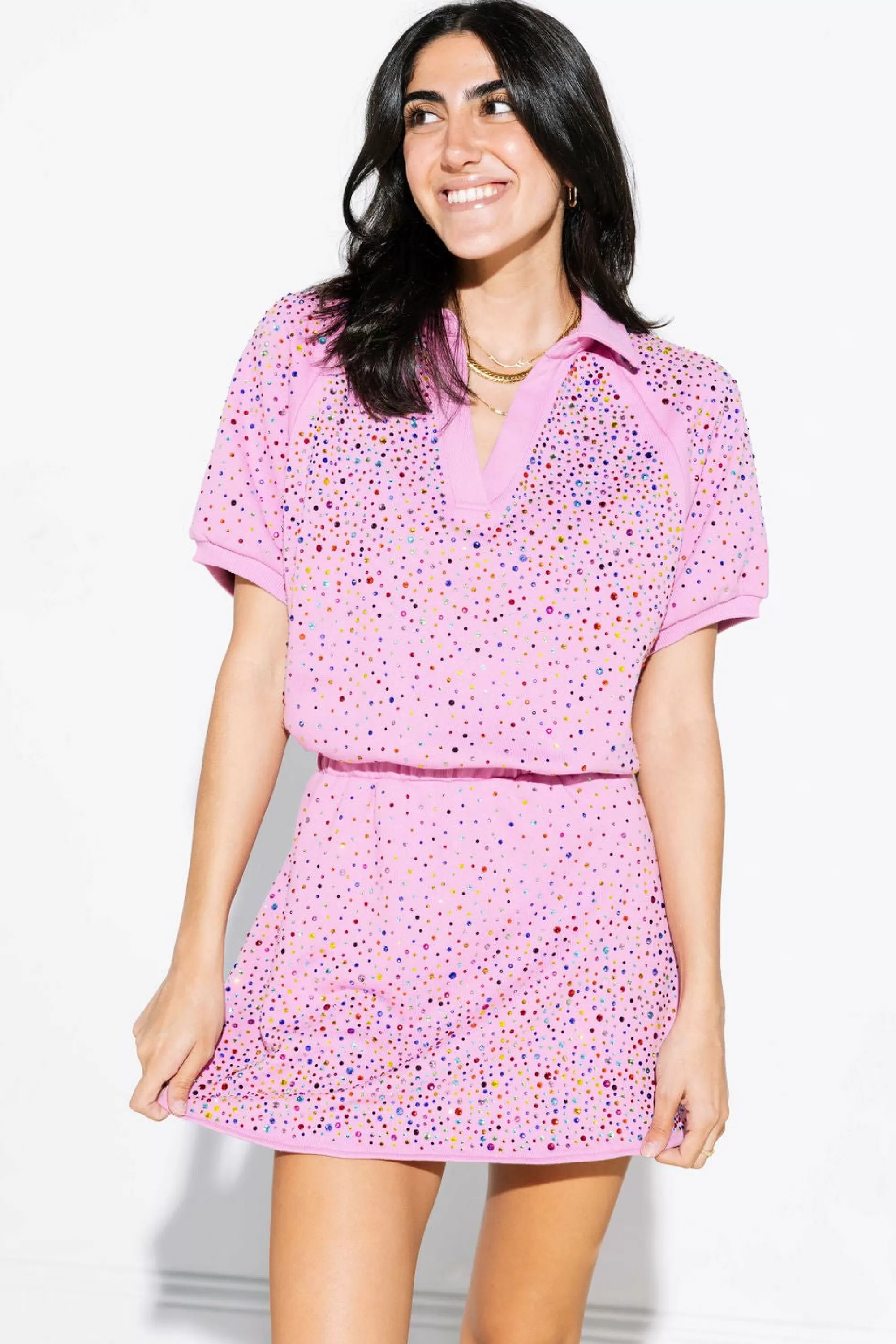 womens Queen Of Sparkles Pink Scattered Rhinestone Collar Dress