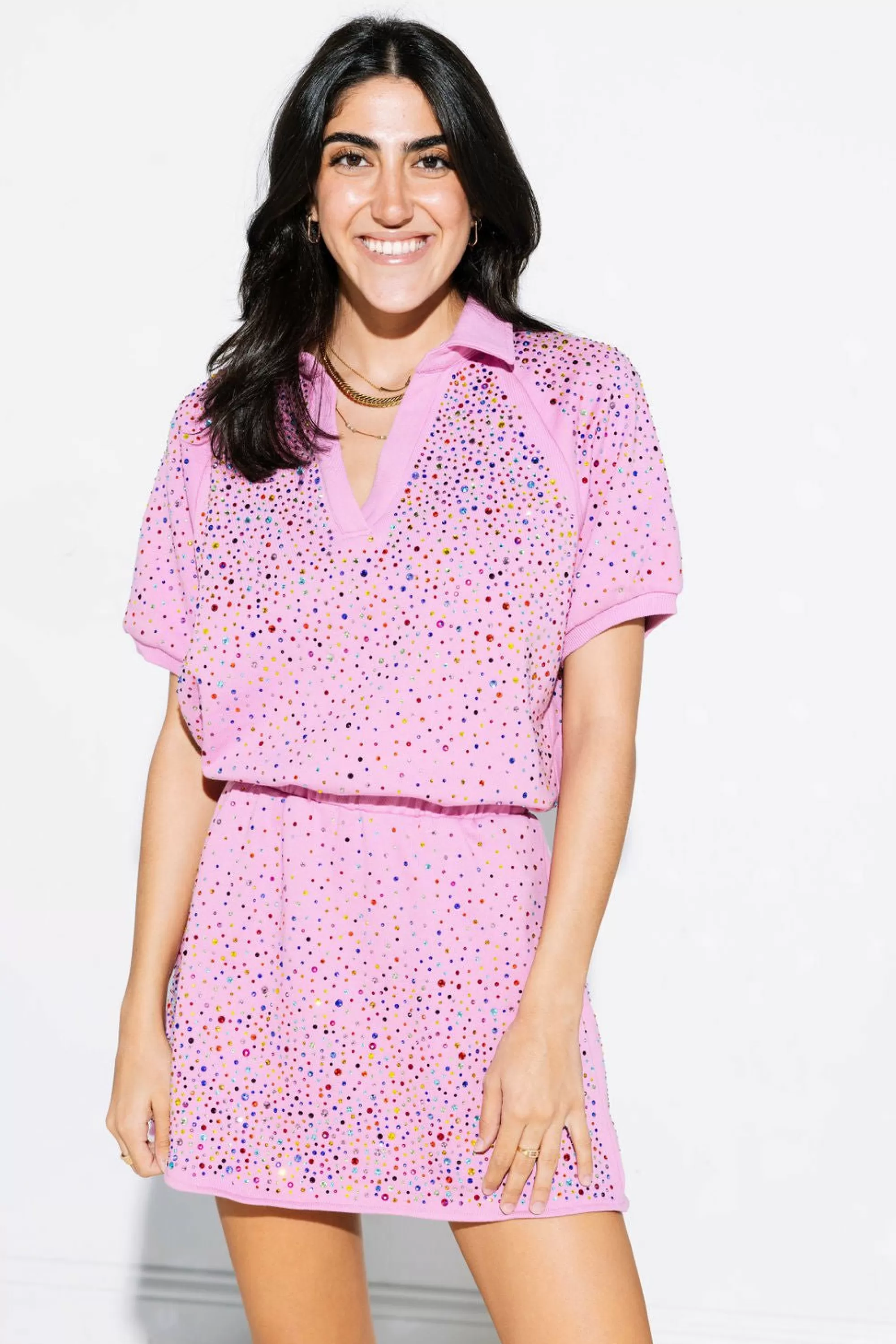 womens Queen Of Sparkles Pink Scattered Rhinestone Collar Dress