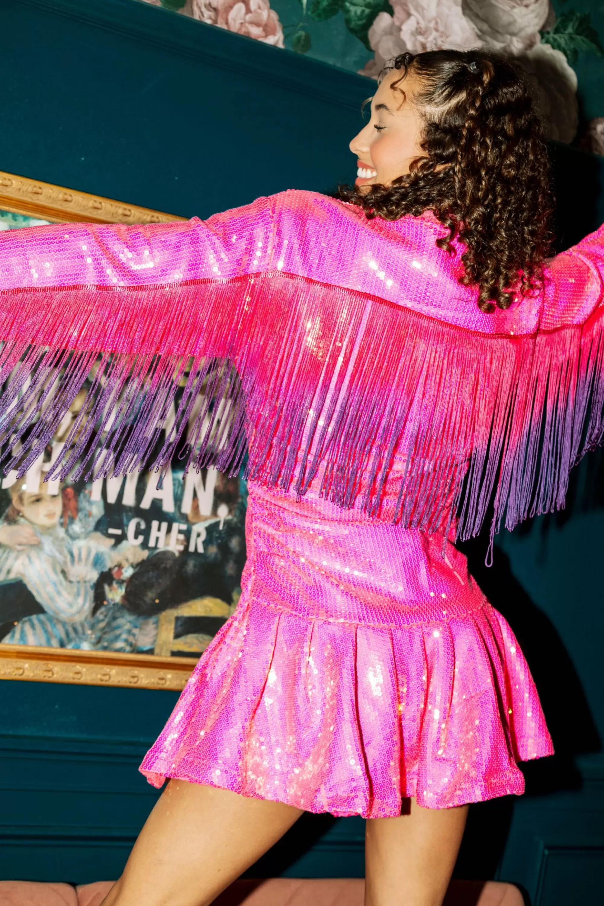 womens Queen Of Sparkles Pink Sequin Fringe Back Dress