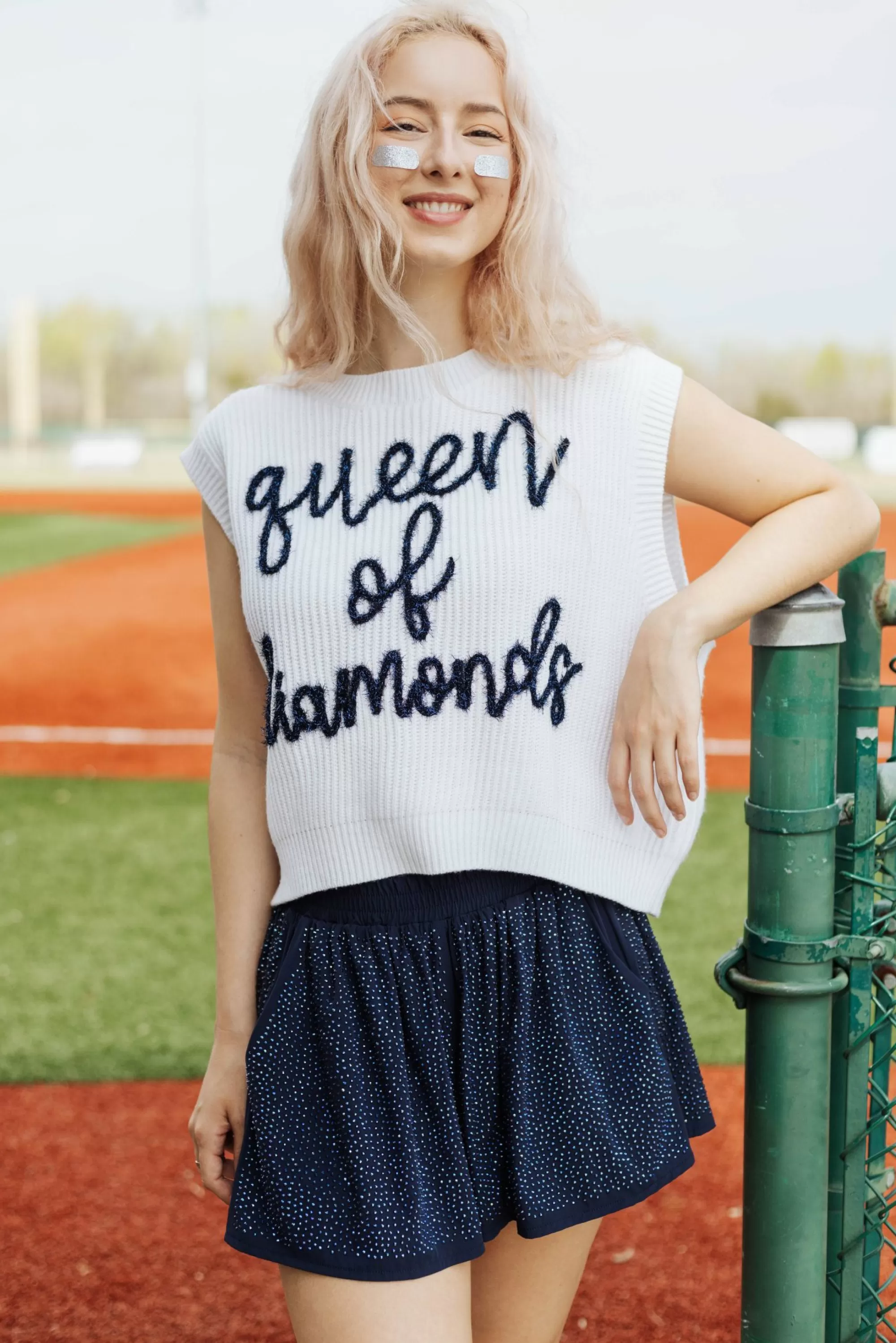 womens Queen Of Sparkles Plain Navy Active Rhinestone Short