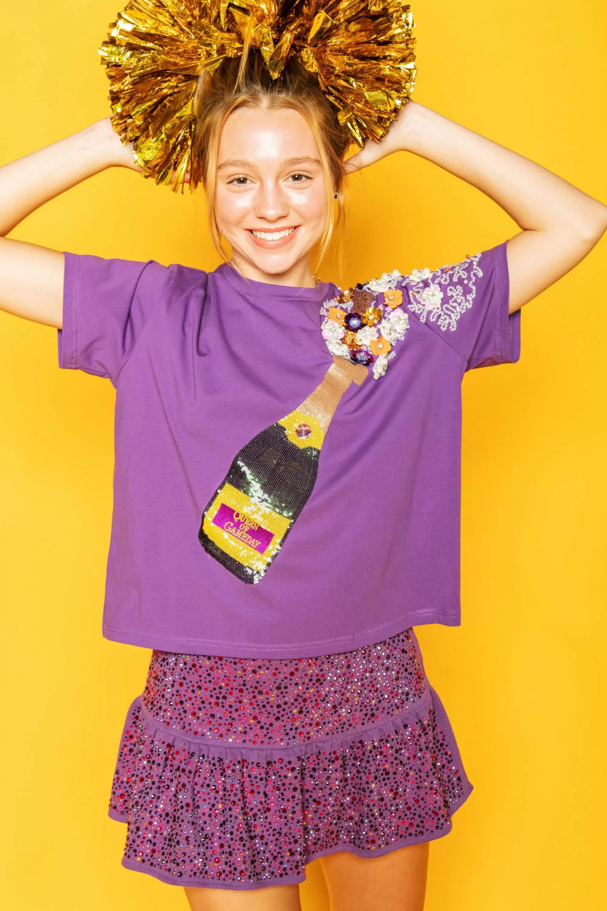 womens Queen Of Sparkles Purp E & Ye Ow Popping Cha Pagne Tee