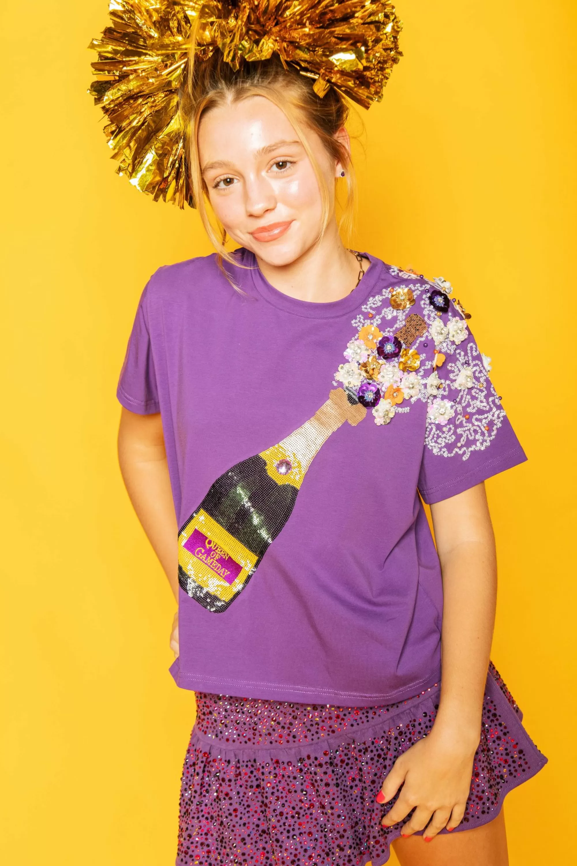 womens Queen Of Sparkles Purp E & Ye Ow Popping Cha Pagne Tee
