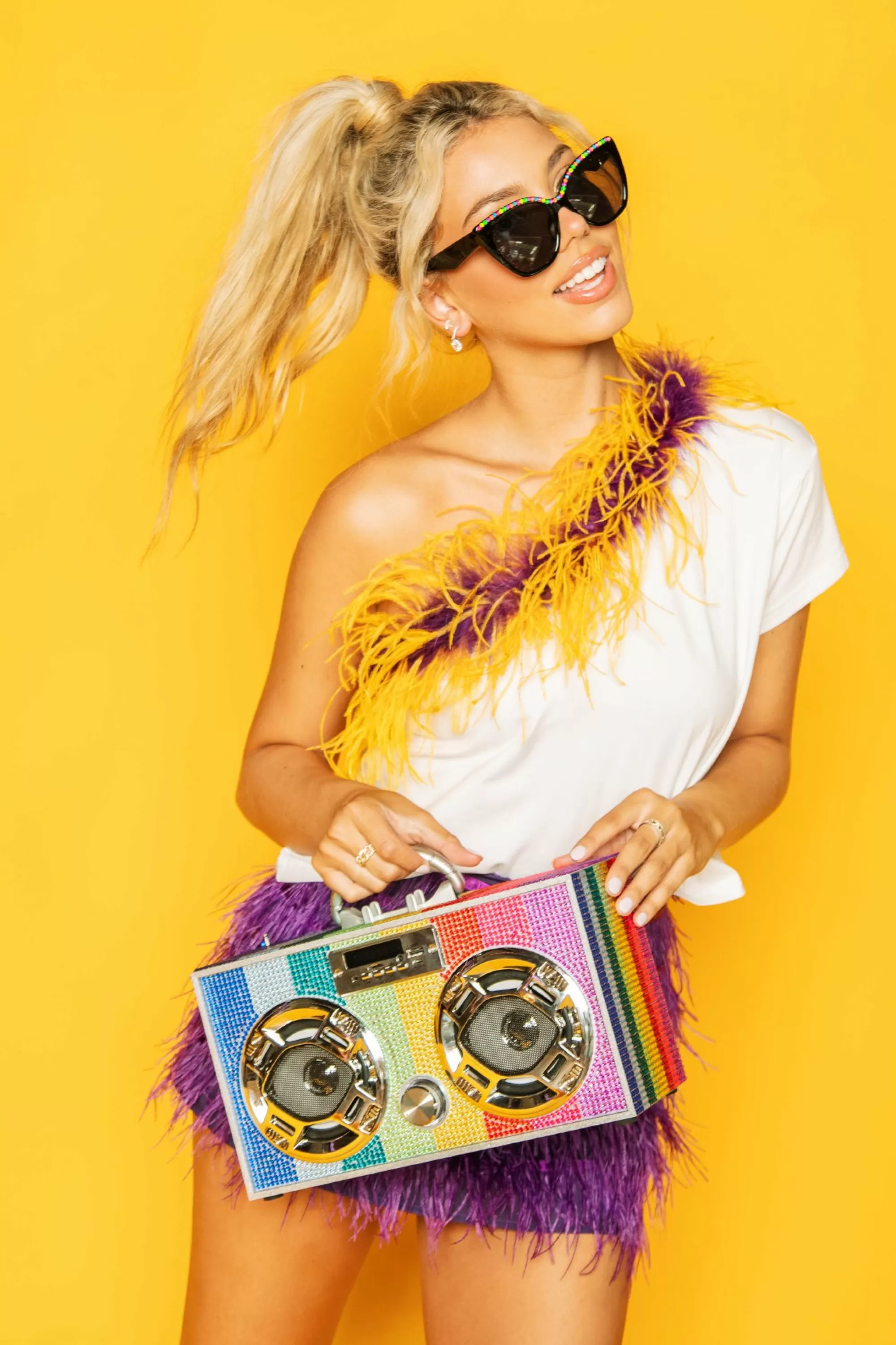 womens Queen Of Sparkles Purple & Gold One Shoulder Feather Tee