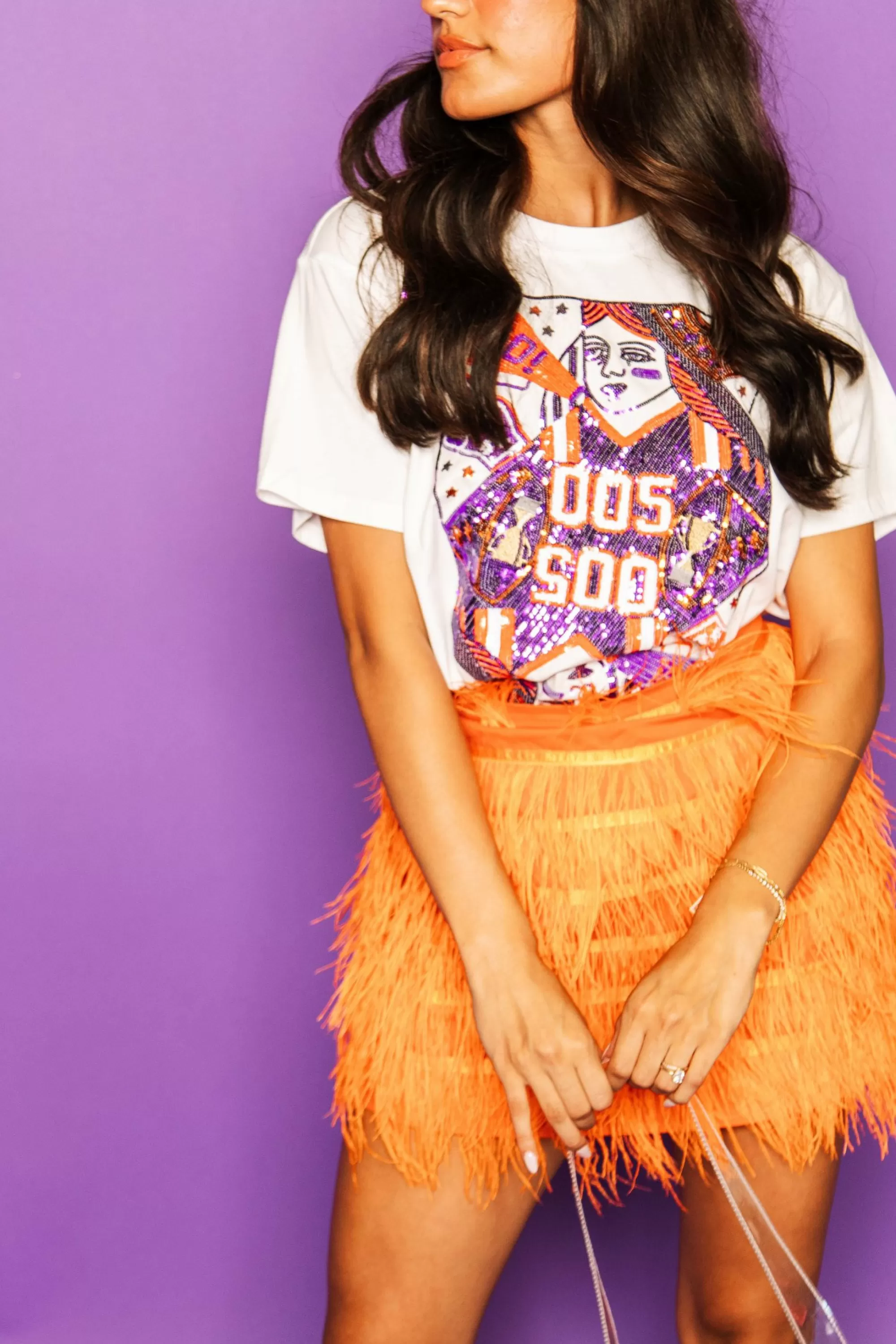 womens Queen Of Sparkles Purple & Orange Card Tee