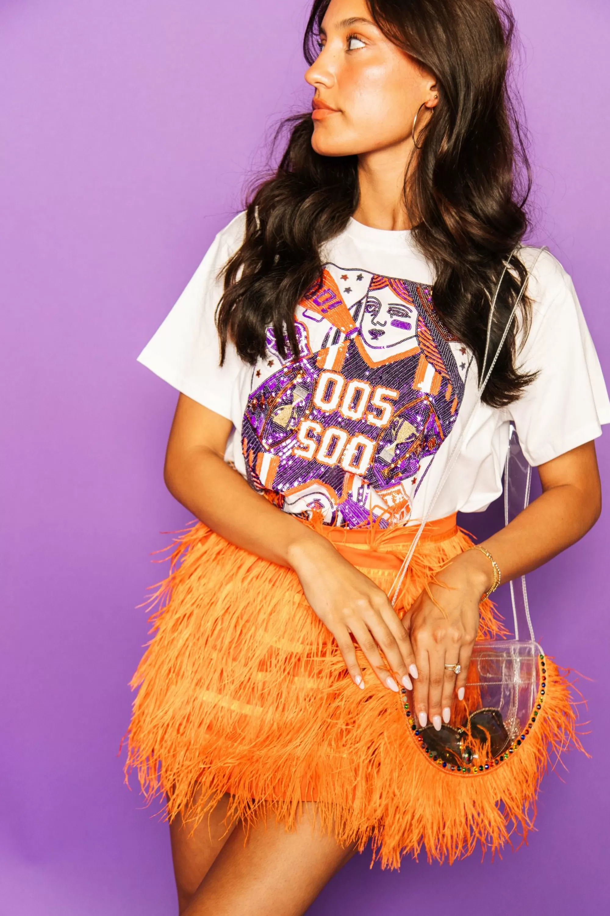 womens Queen Of Sparkles Purple & Orange Card Tee