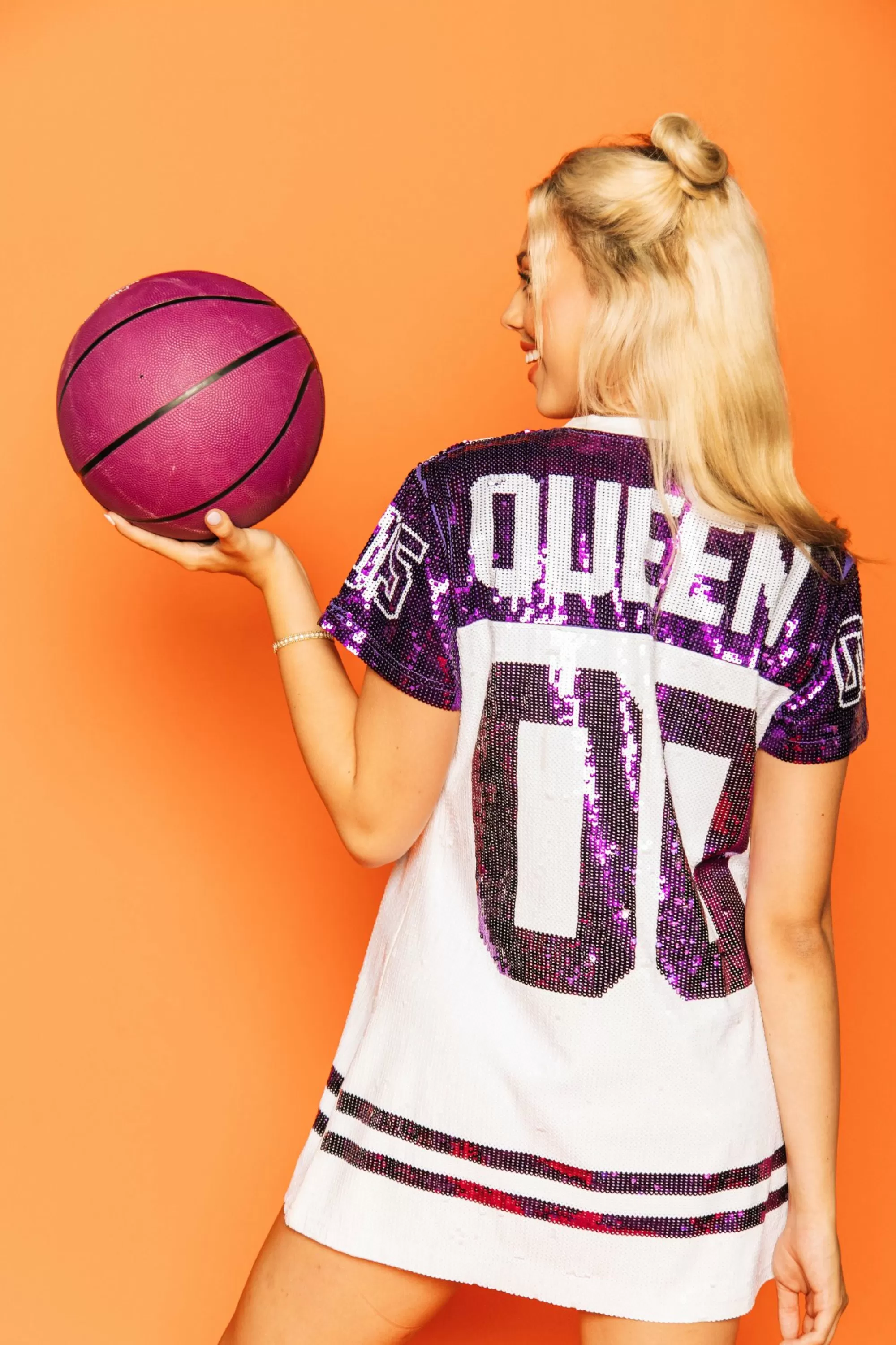 womens Queen Of Sparkles Purple & White Full Sequin Jersey Dress