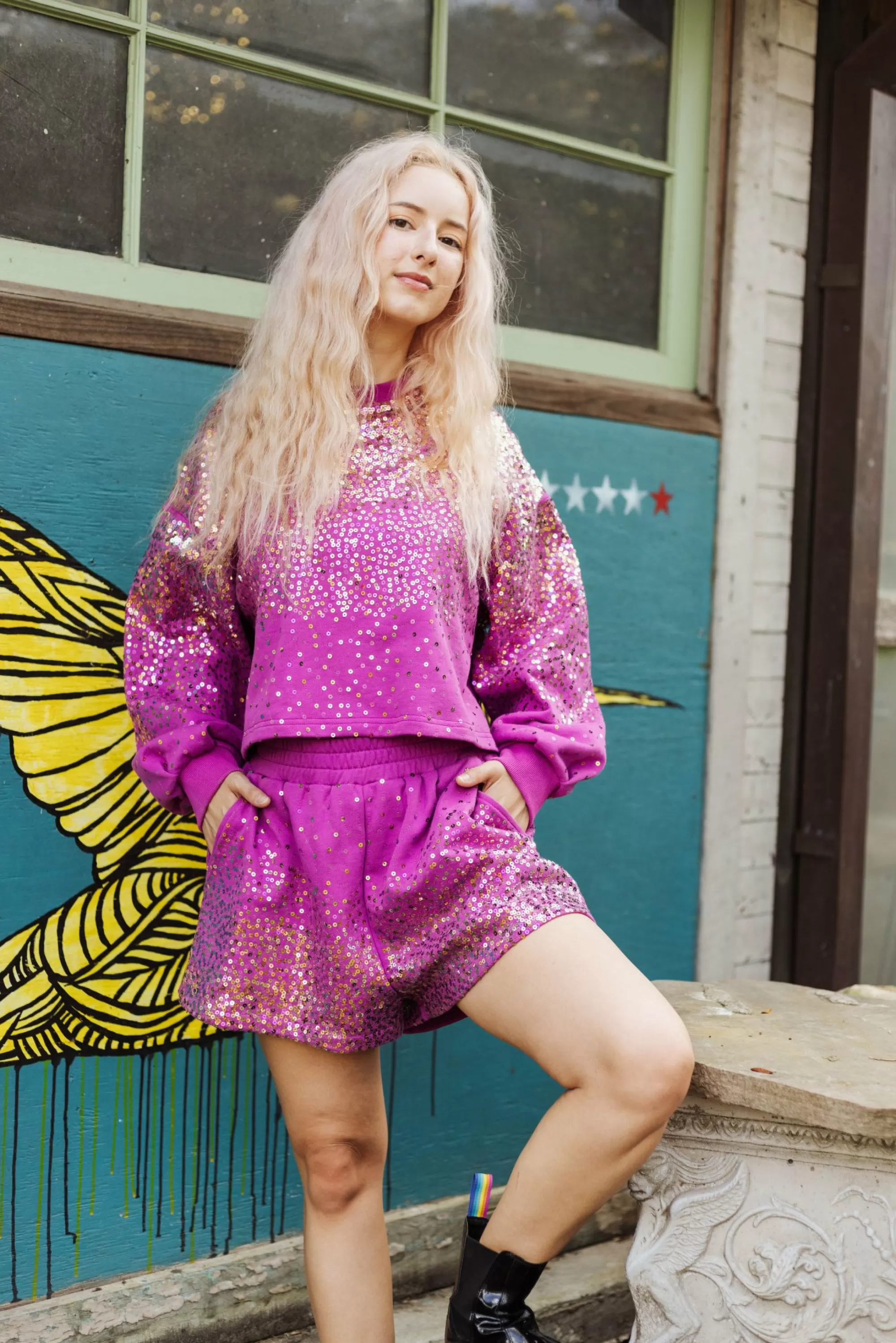 womens Queen Of Sparkles Purple Sequin Scattered Short