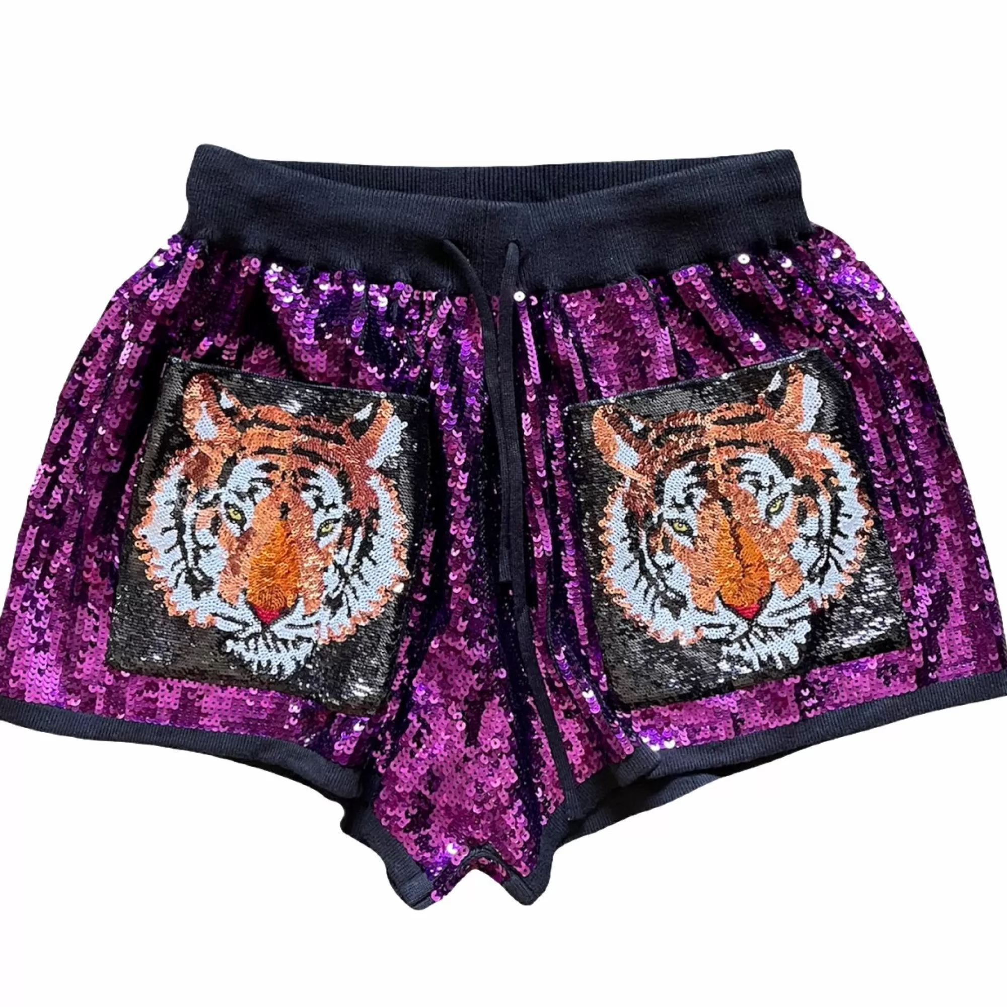 womens Queen Of Sparkles Purple Tiger Sequin Shorts