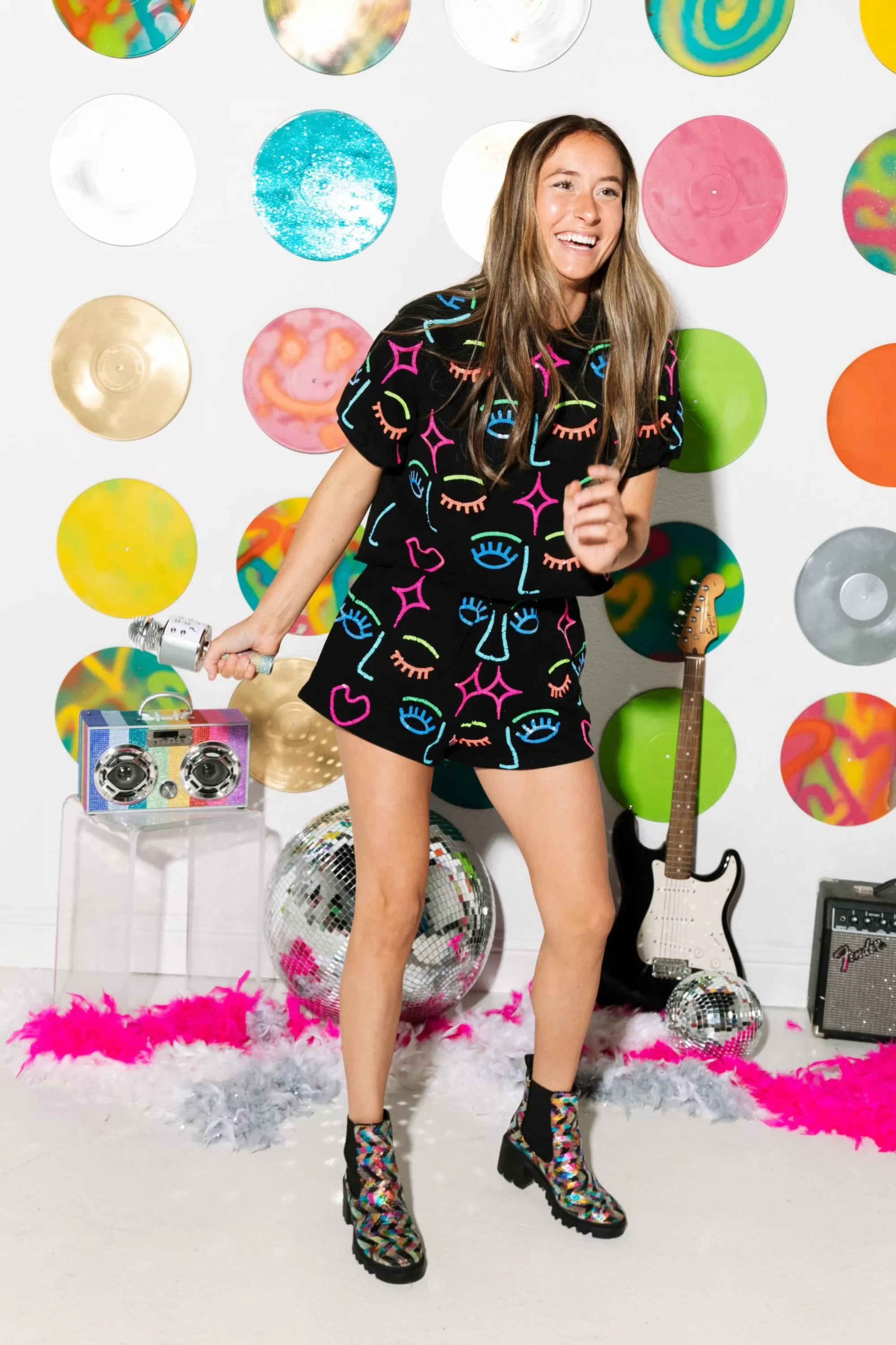 womens Queen Of Sparkles Rainbow Faces Short
