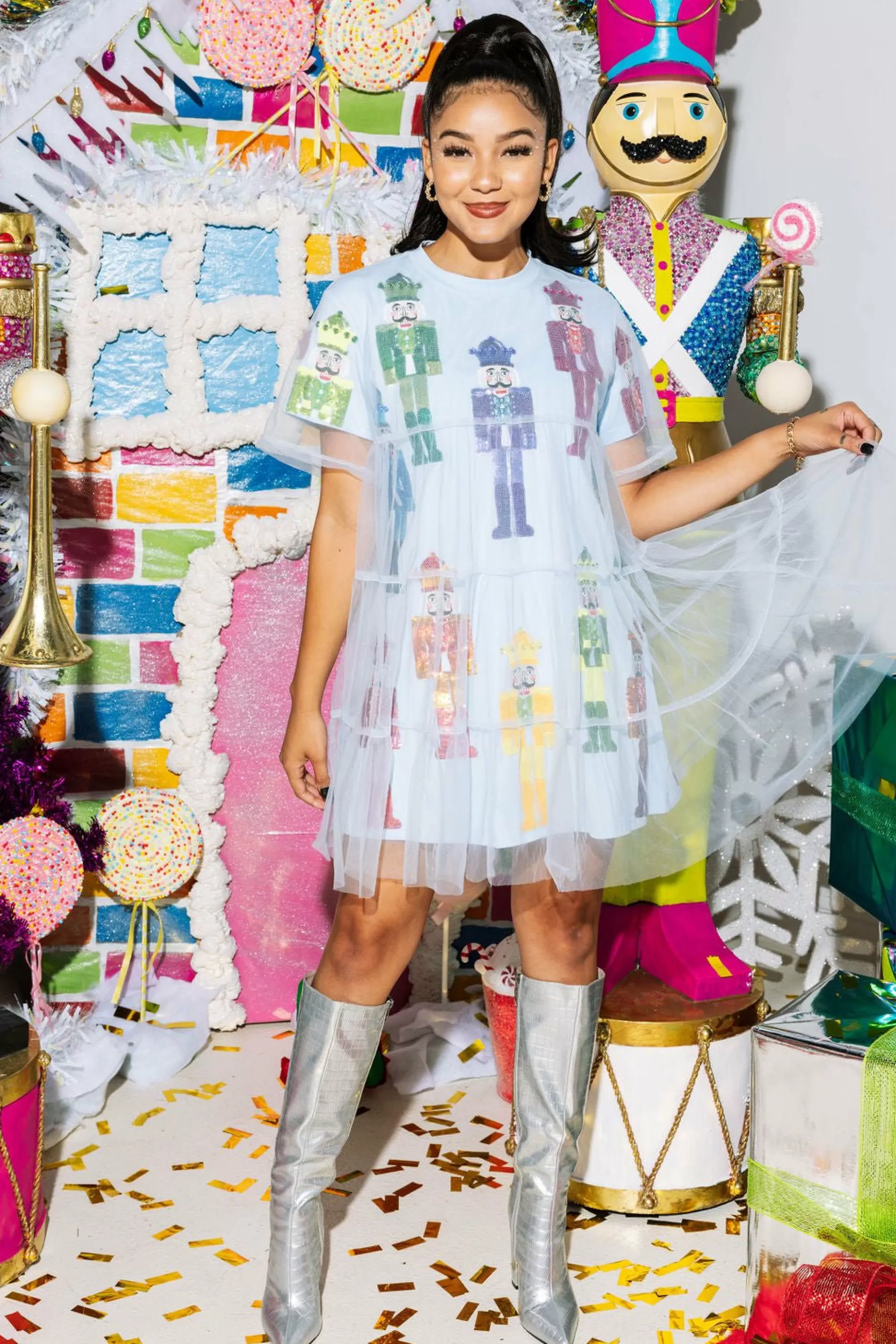 womens Queen Of Sparkles Rainbow Nutcracker Tulle Overlay Tee Dress