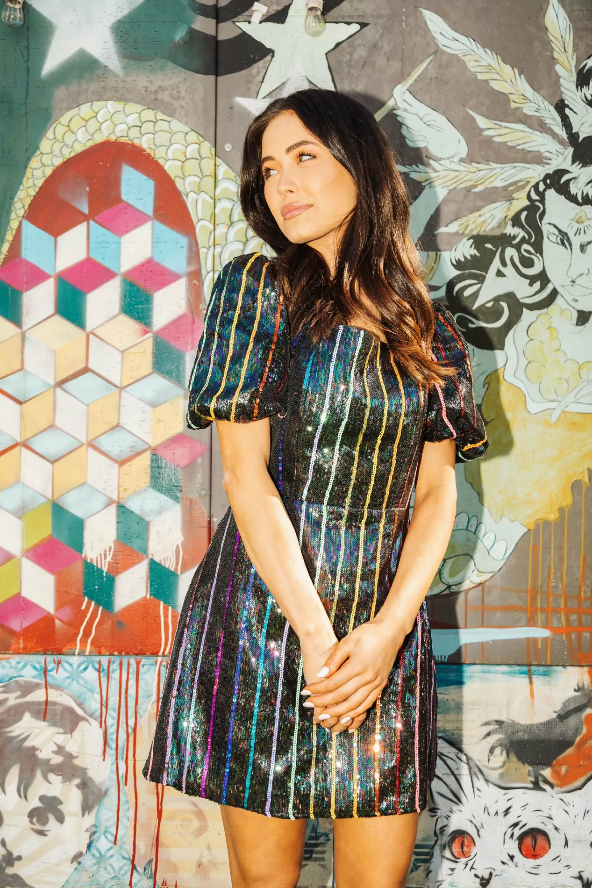 womens Queen Of Sparkles Rainbow Sequin Stripe Dress With Black Sleeves