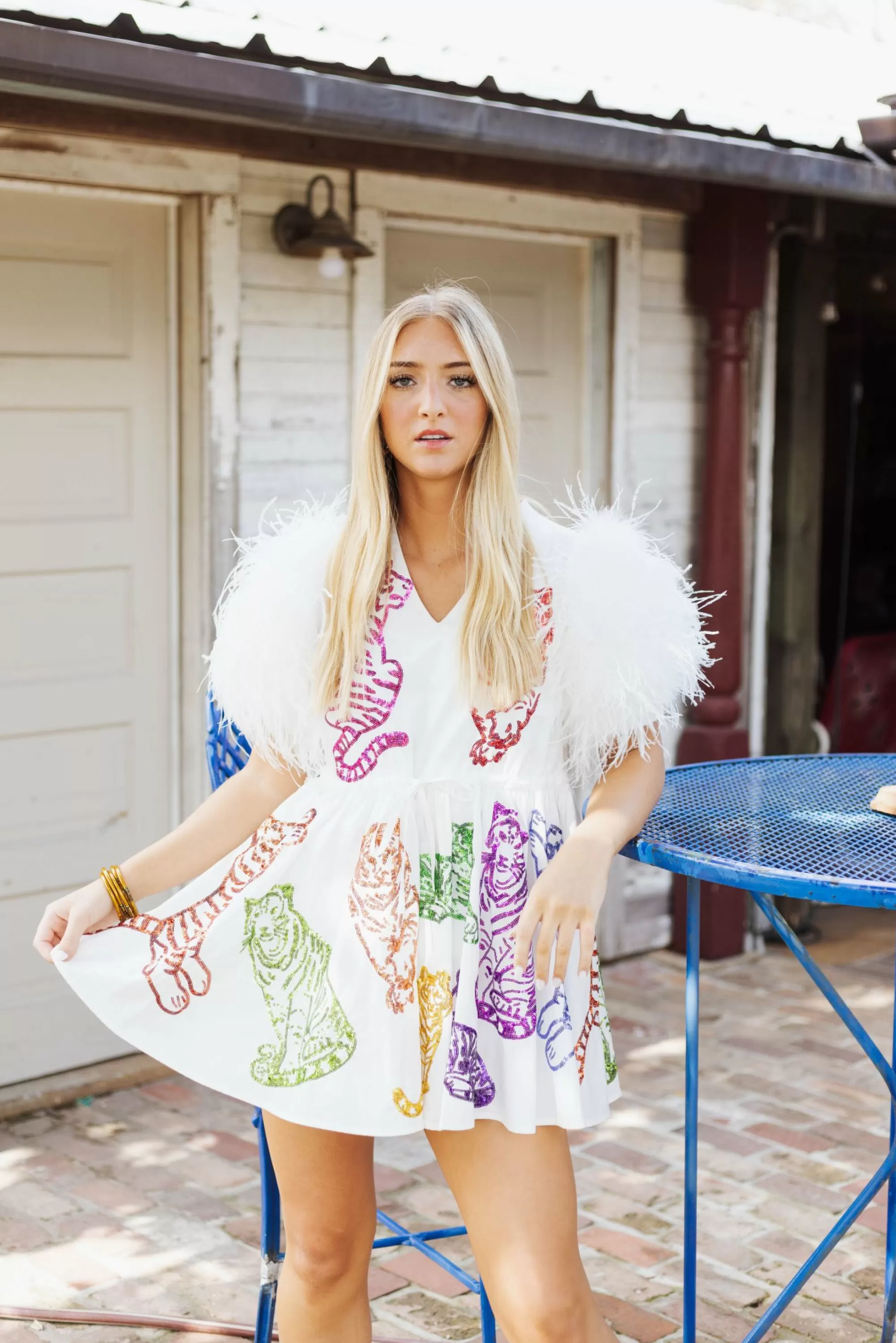 womens Queen Of Sparkles Rainbow Tigers Feather Sleeve Dress