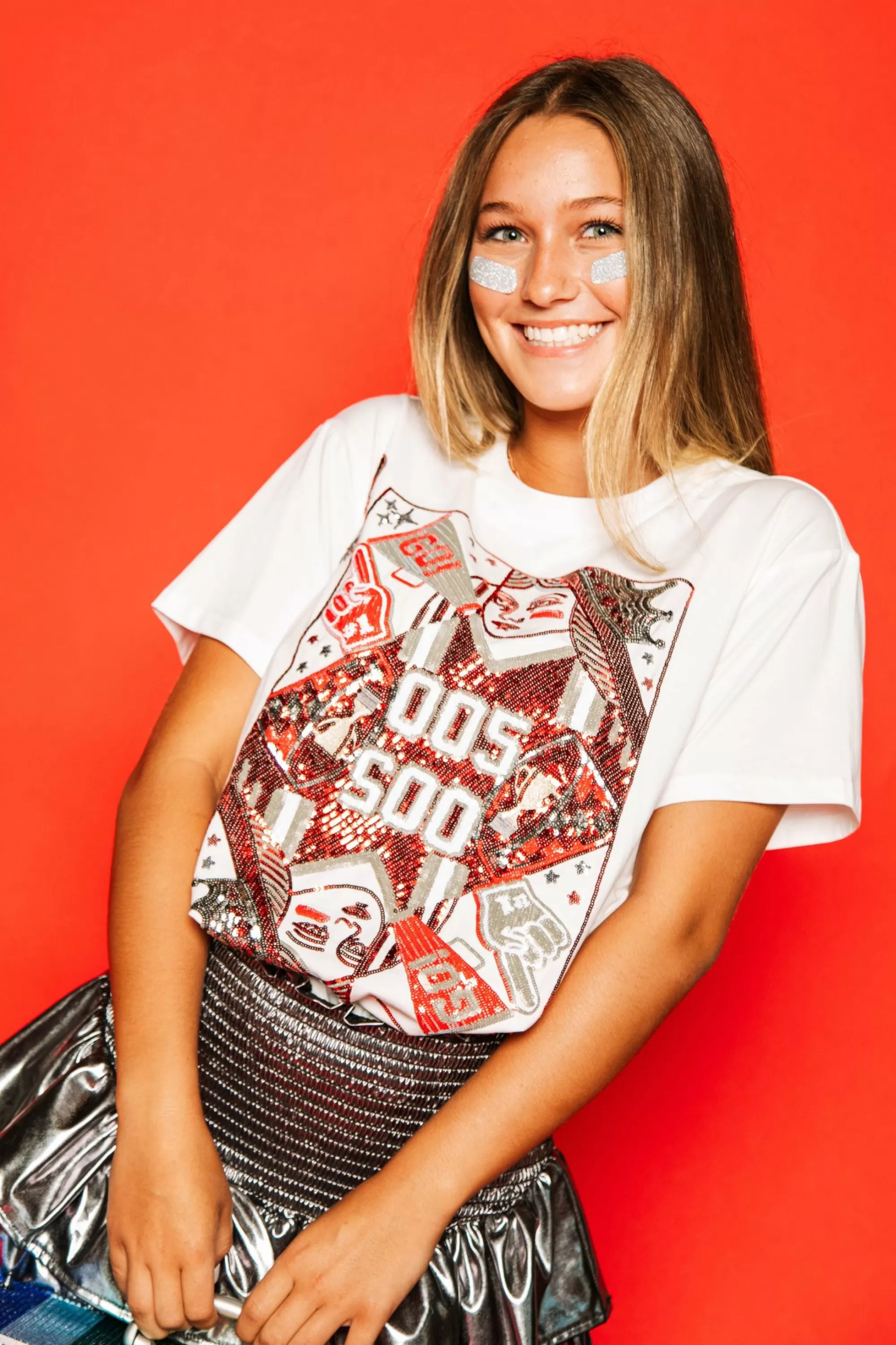 womens Queen Of Sparkles Red & Silver Card Tee