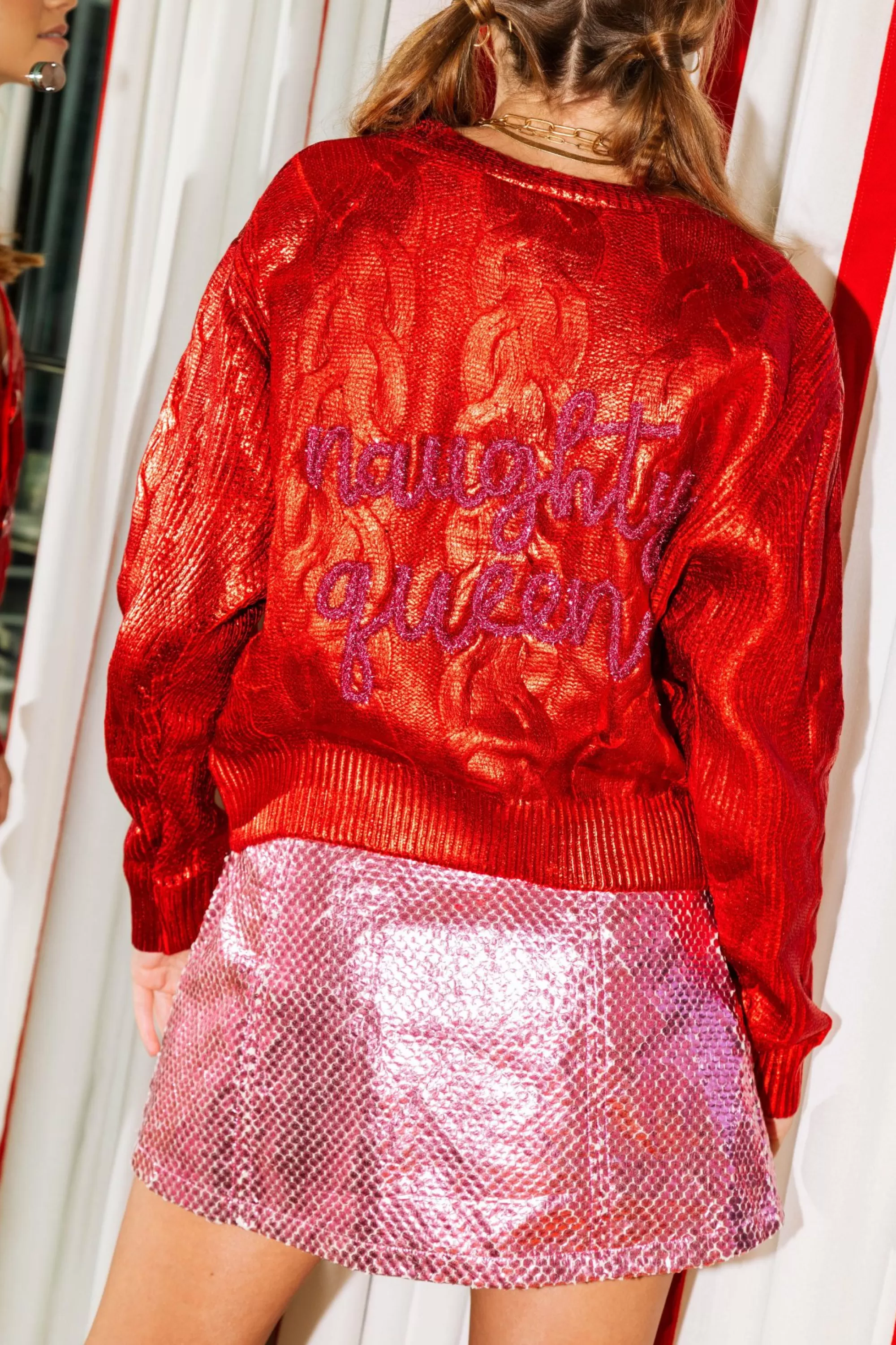 womens Queen Of Sparkles Red Metallic Naughty Queen Cardigan