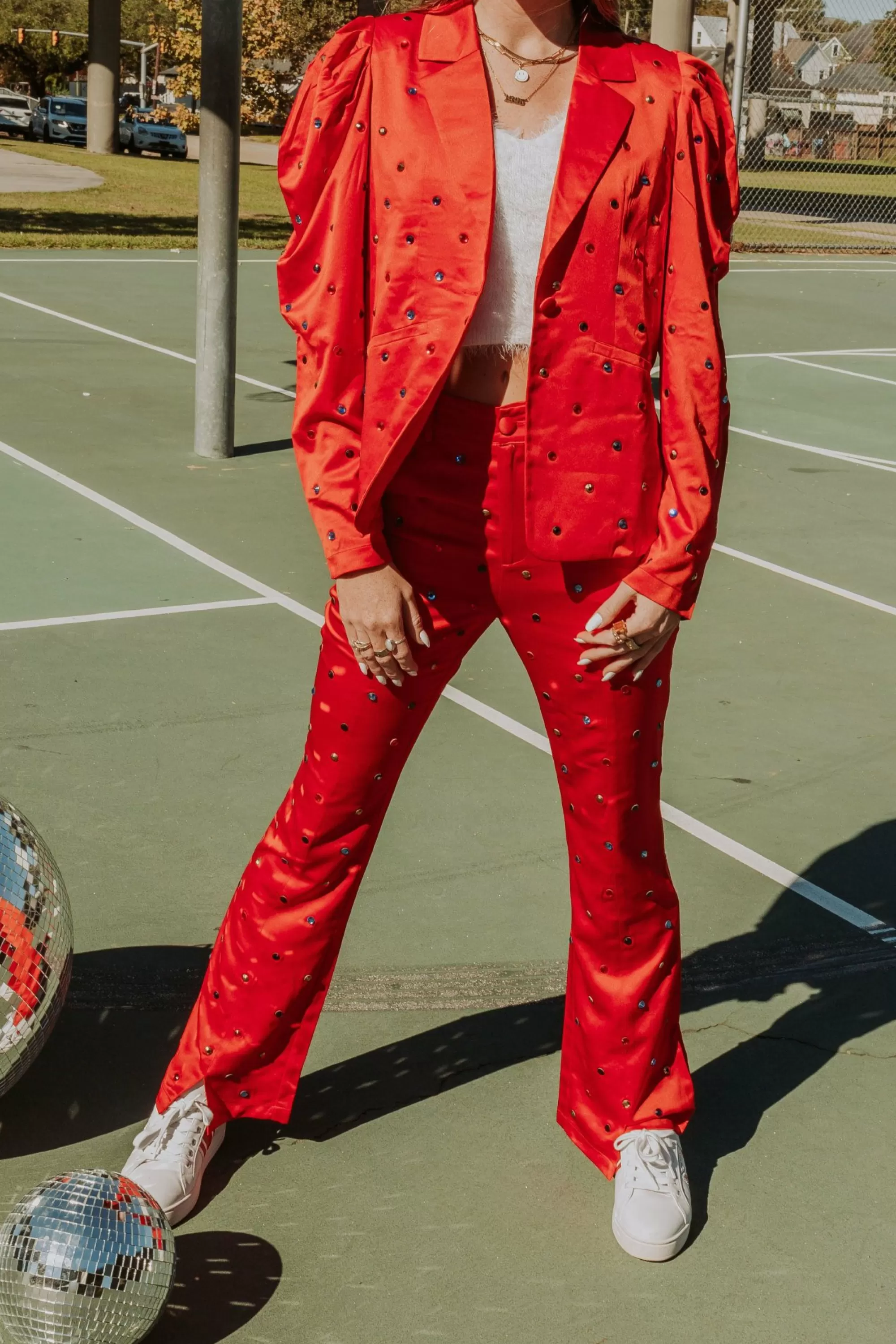 womens Queen Of Sparkles Red Poof Sleeve Rhinestone Blazer