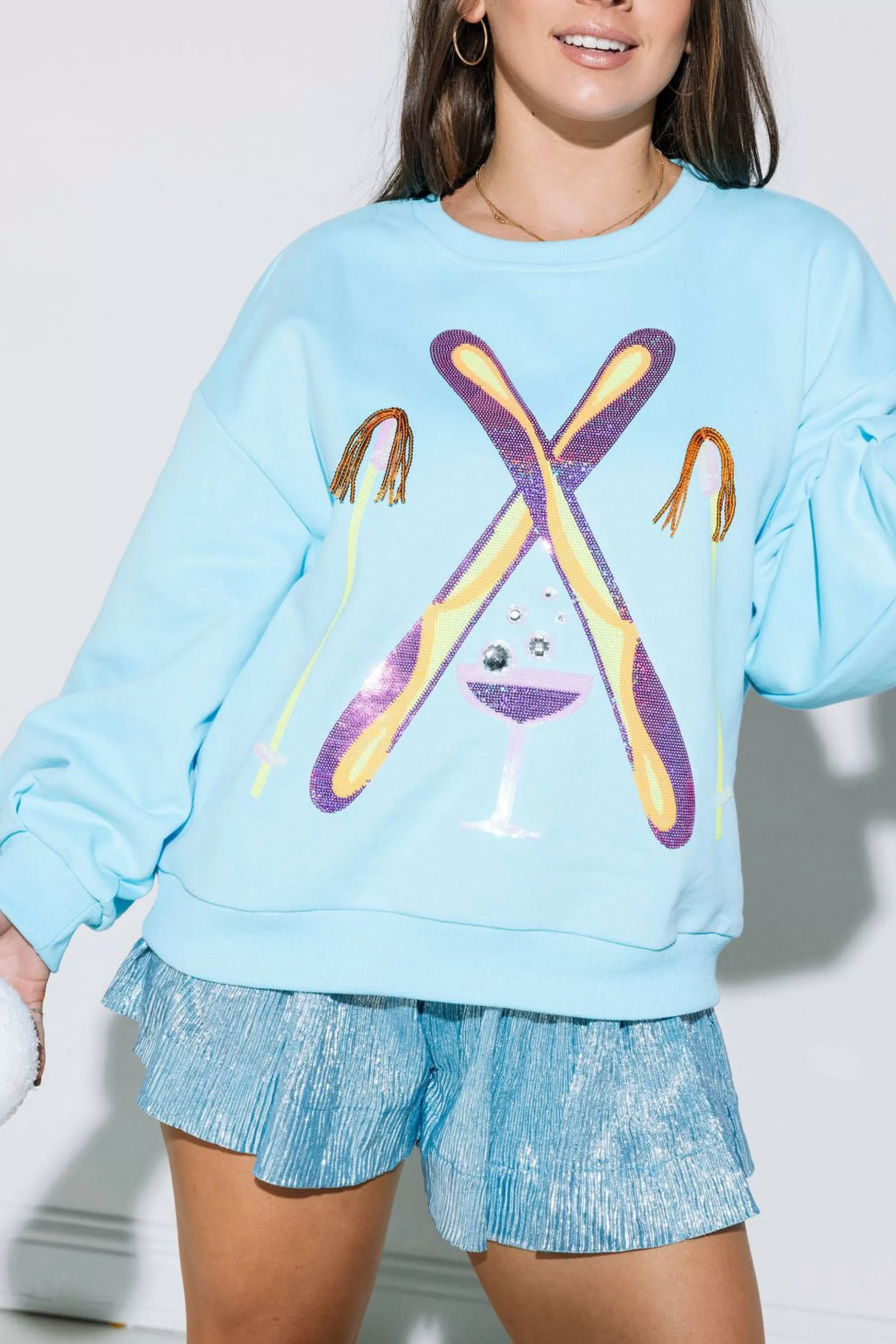 womens Queen Of Sparkles Rhinestone Crossing Ski & Cocktail Sweatshirt