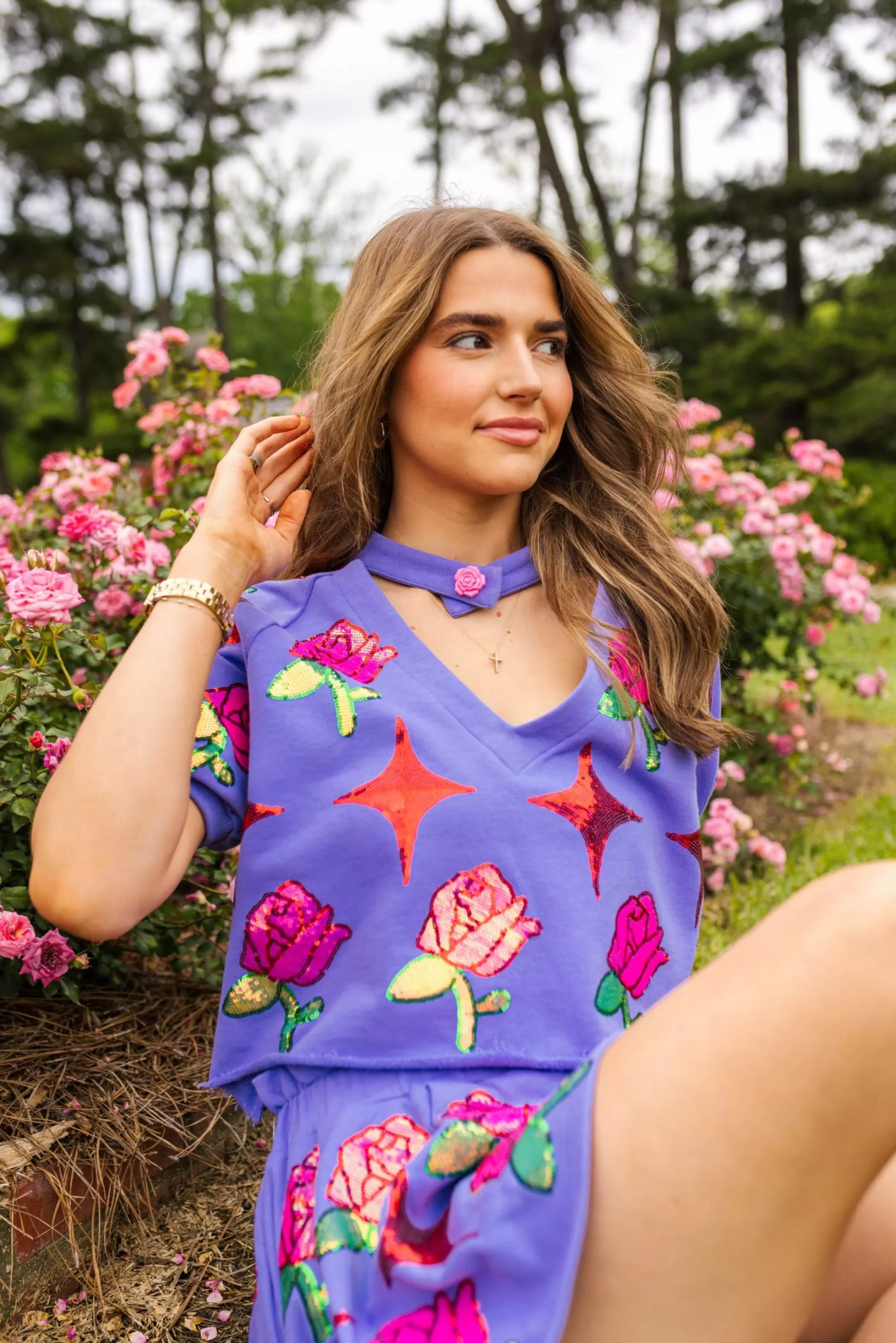 womens Queen Of Sparkles Rose & Sparkle Keyhole Top