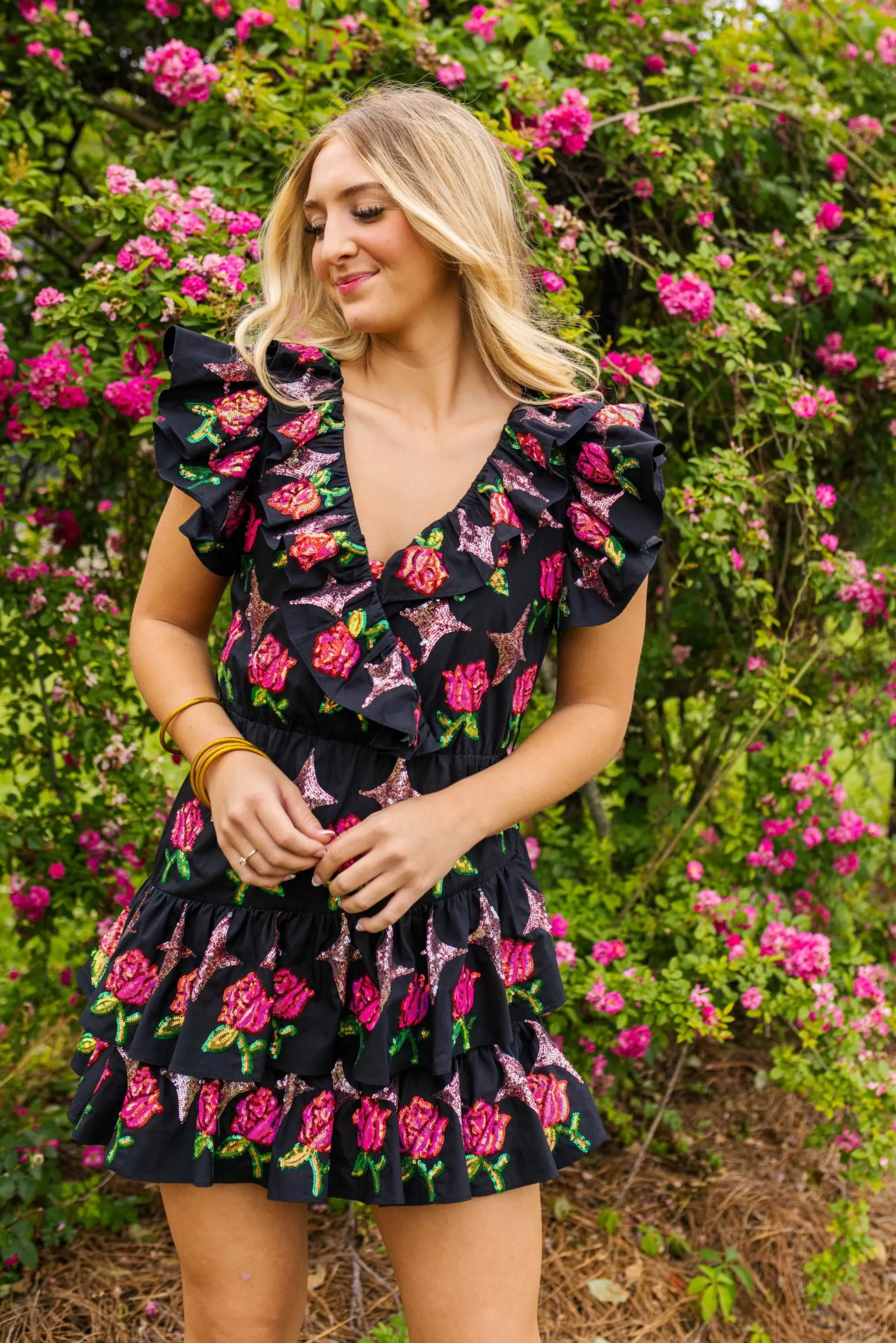 womens Queen Of Sparkles Rose & Sparkle Ruffle Dress