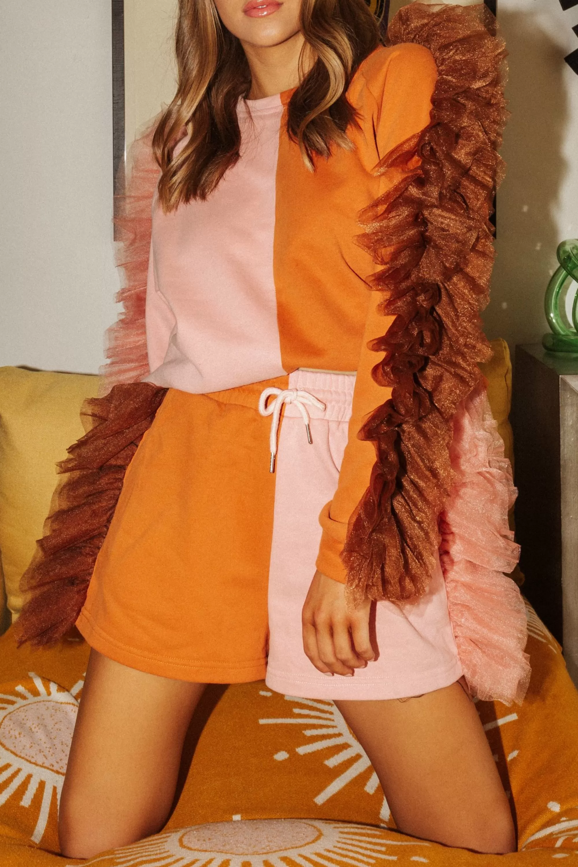 womens Queen Of Sparkles Rose/Rust Ruffle Sweatshirt
