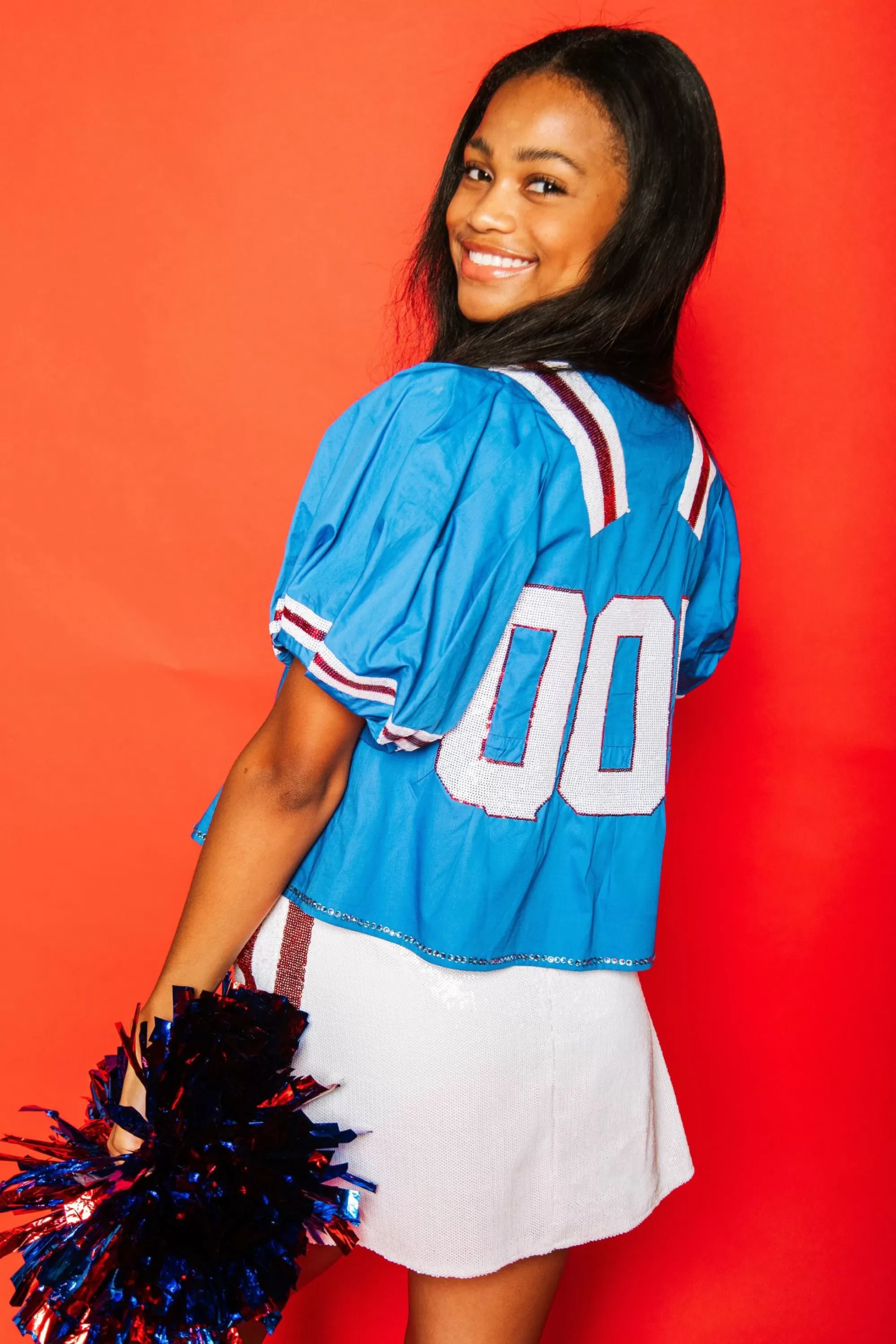 womens Queen Of Sparkles Royal & Red Qos Jersey Peplum Top