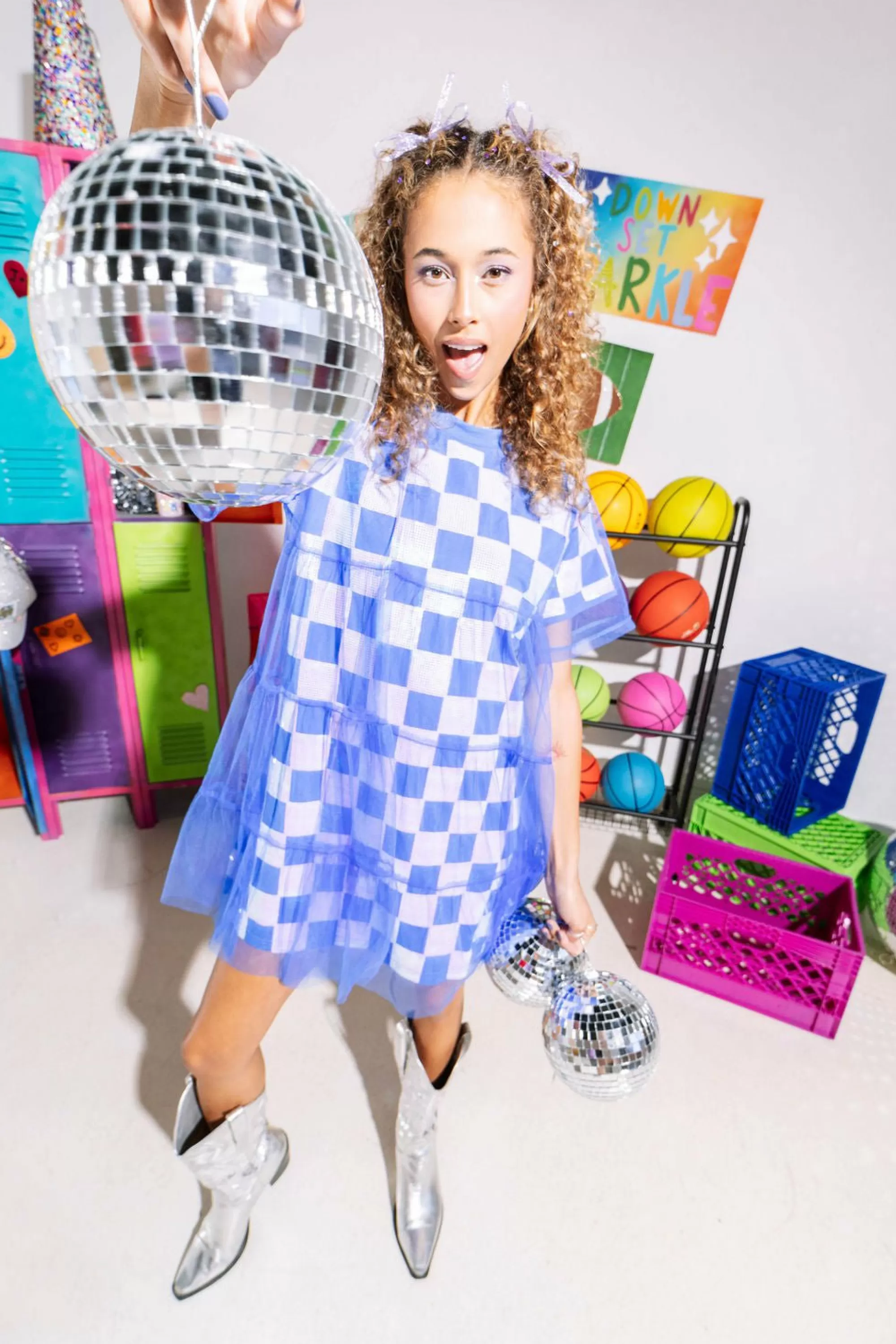 womens Queen Of Sparkles Royal & White Checkered Mesh Overlay Tee Dress