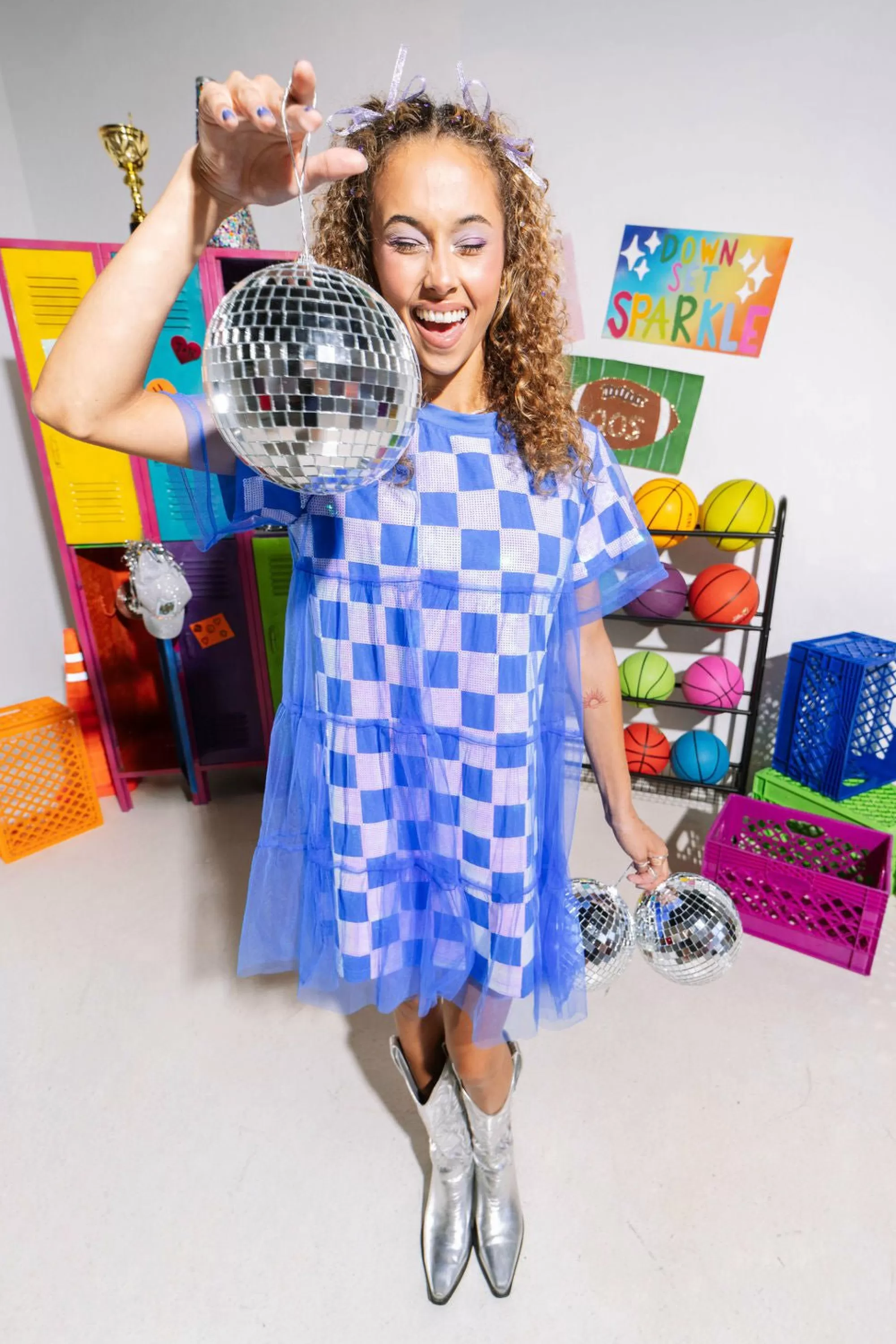 womens Queen Of Sparkles Royal & White Checkered Mesh Overlay Tee Dress