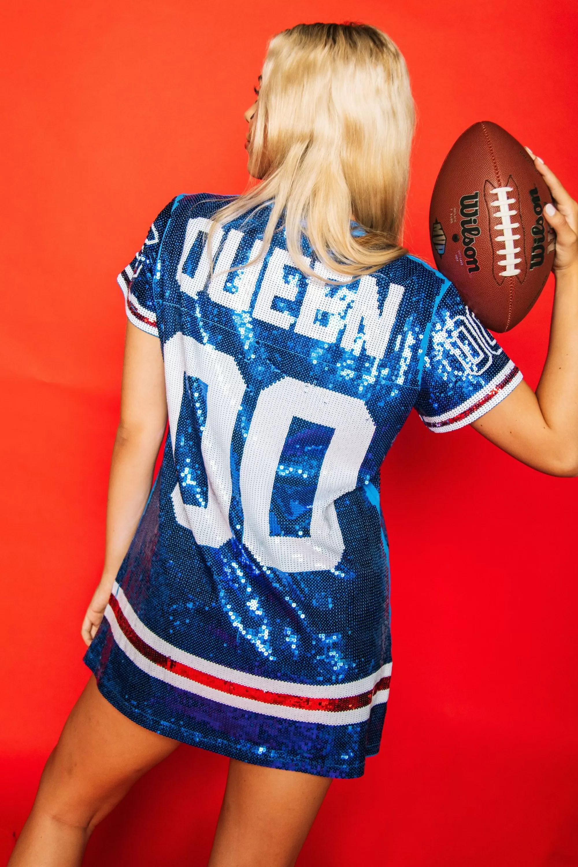womens Queen Of Sparkles Royal, Red/White Full Sequin Jersey Dress