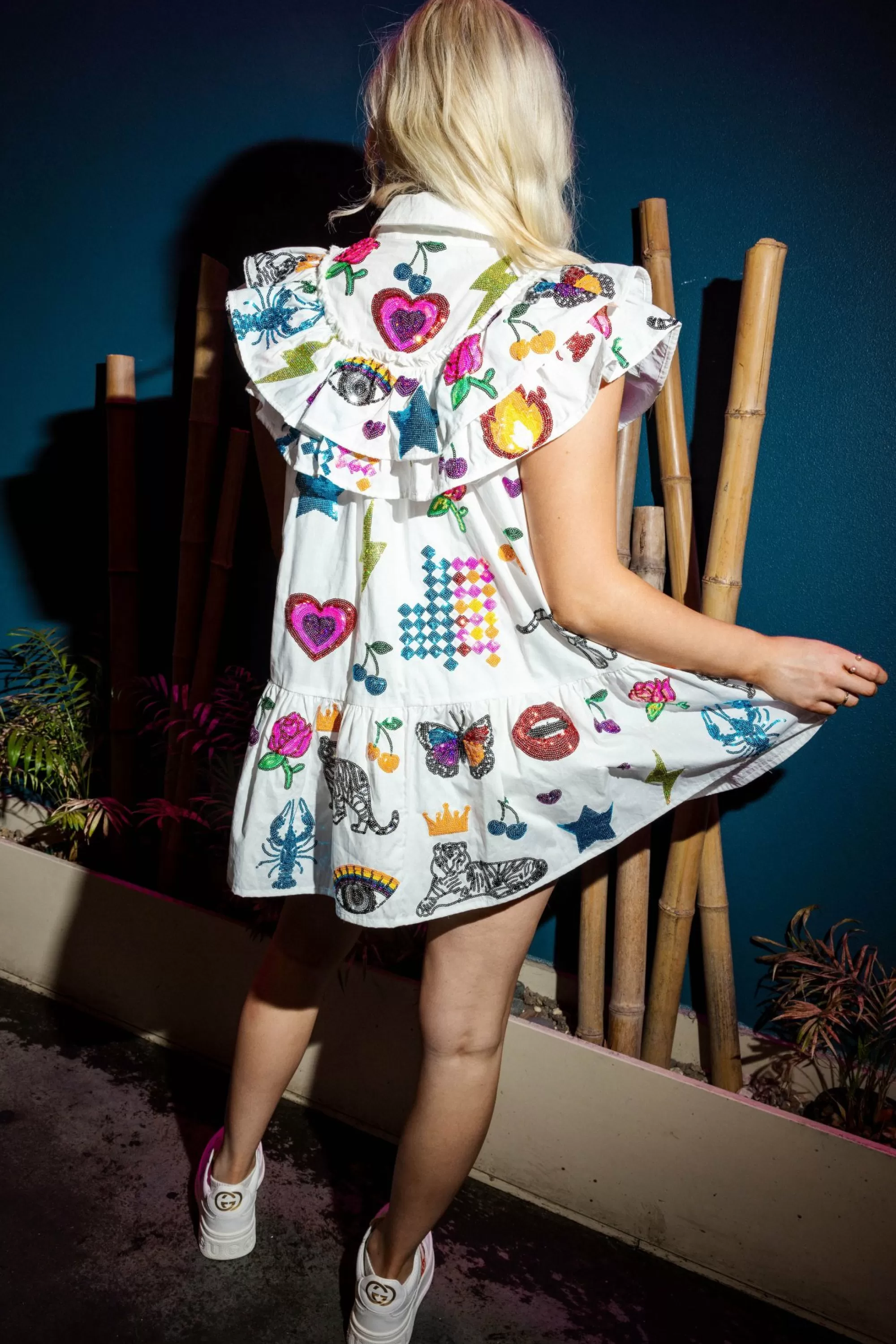 womens Queen Of Sparkles Ruffle Shoulder Icon Dress