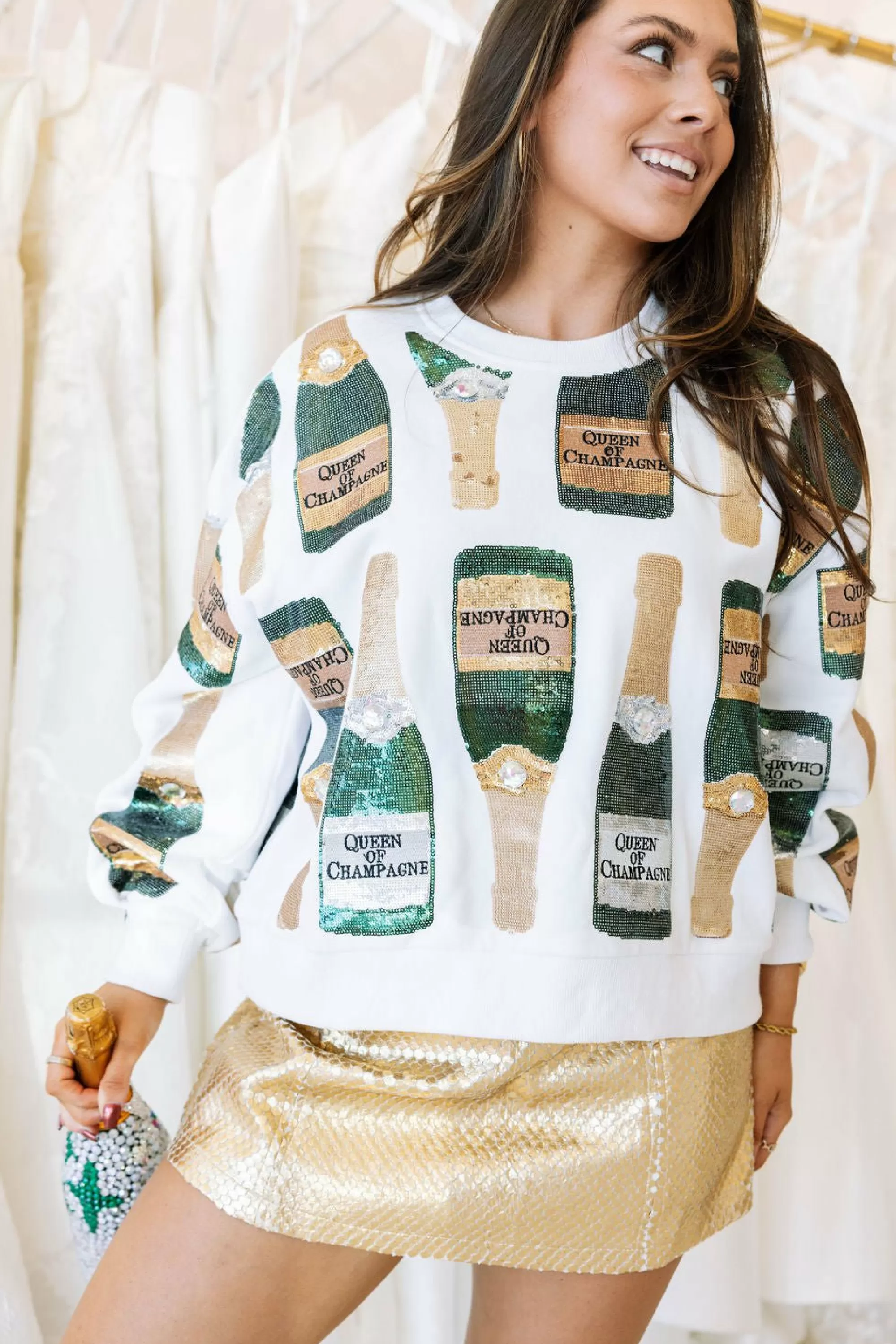 womens Queen Of Sparkles Scattered Champagne Bottle Sweatshirt