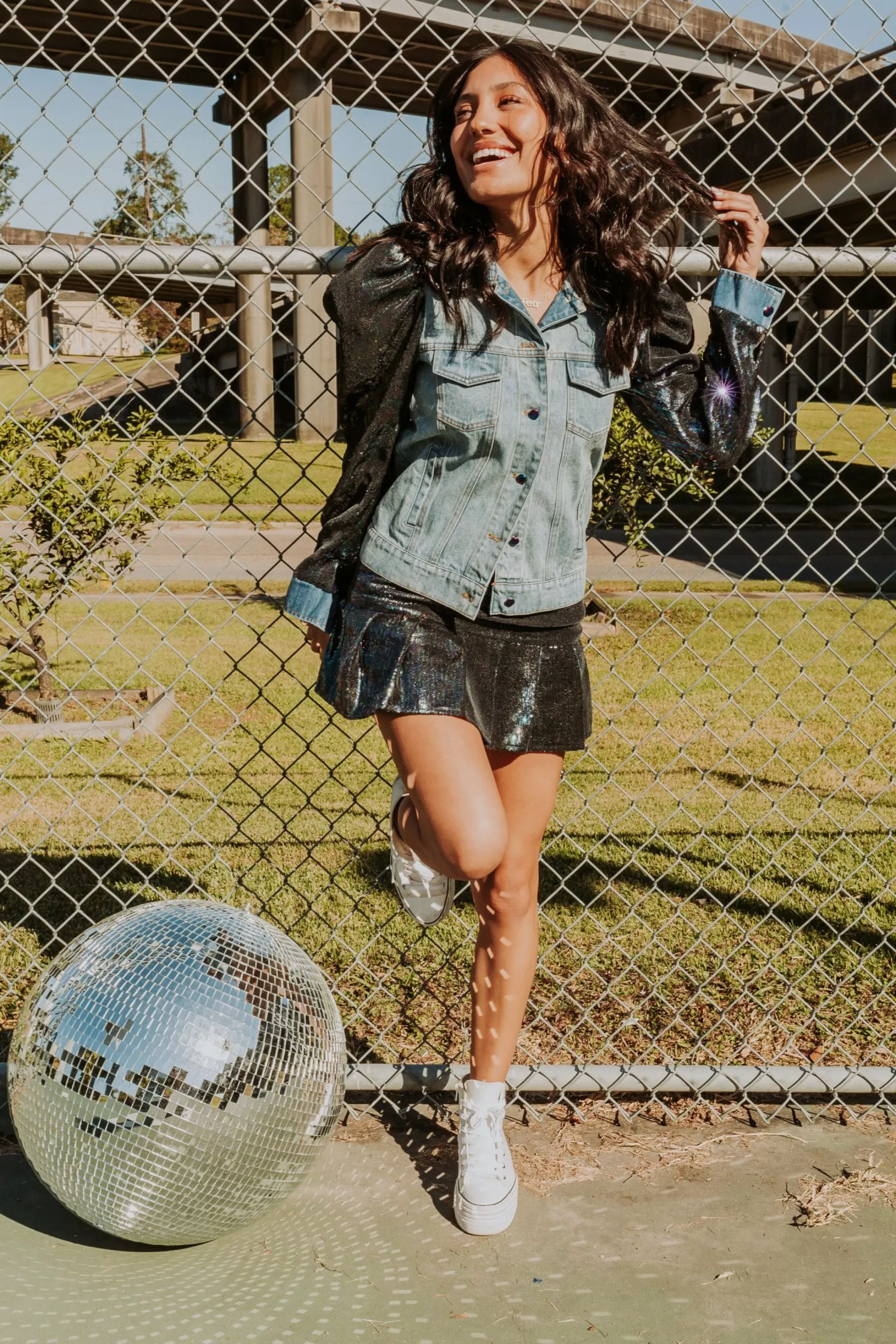 womens Queen Of Sparkles Sequin Puff Sleeve Denim Jacket
