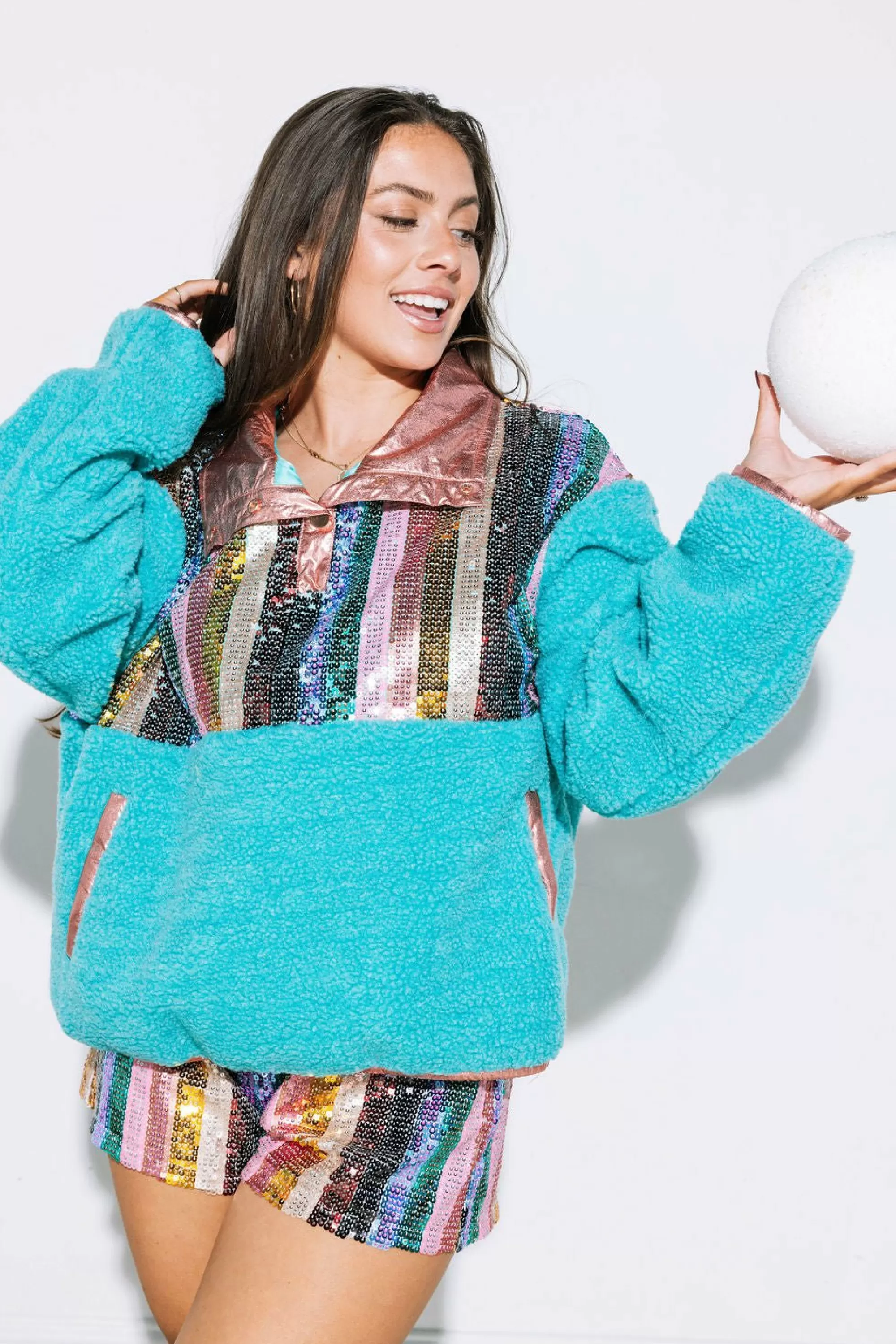 womens Queen Of Sparkles Sequin Stripe Teal Fleece