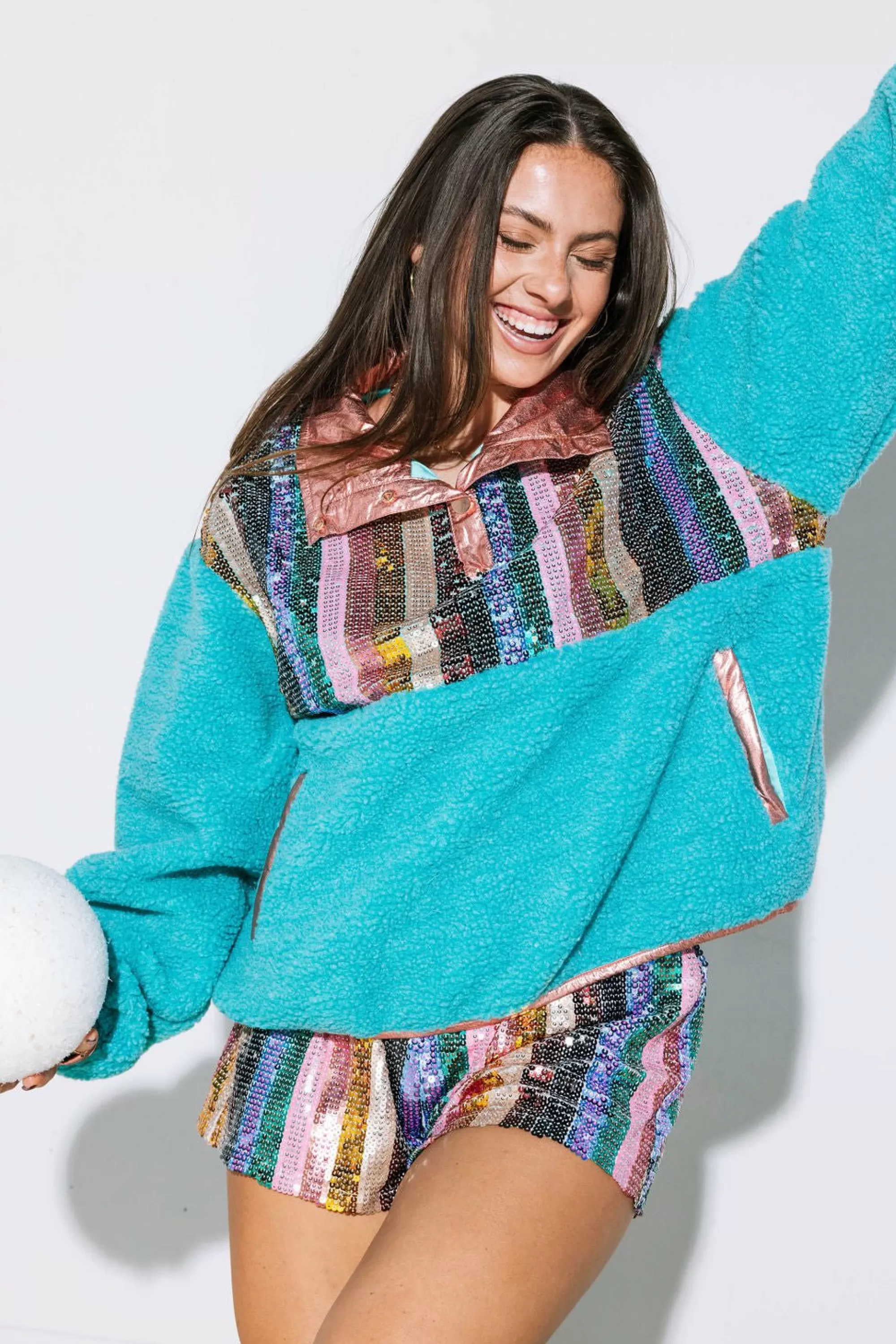 womens Queen Of Sparkles Sequin Stripe Teal Fleece