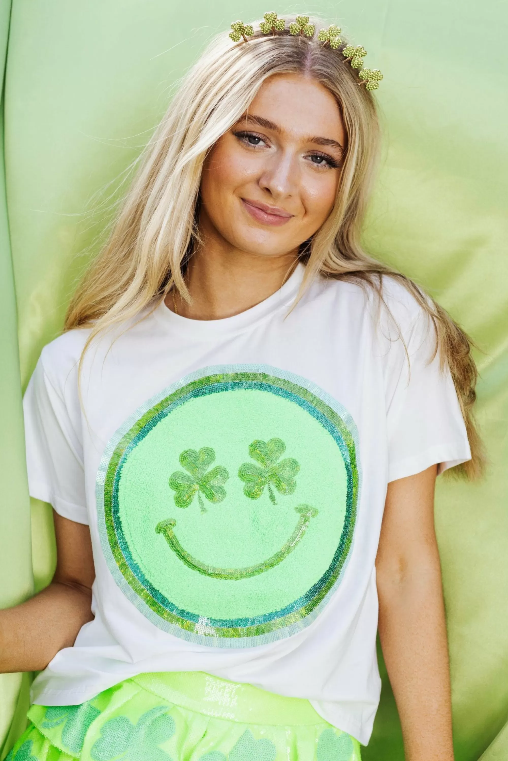 womens Queen Of Sparkles Shamrock Smiley Tee