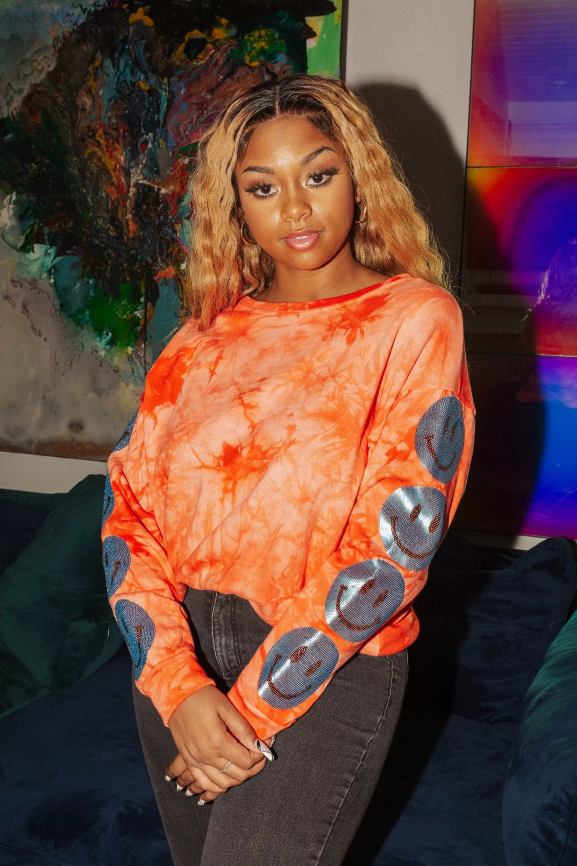 womens Queen Of Sparkles Smiley Sequin Sleeve Sweatshirt Tie Dye