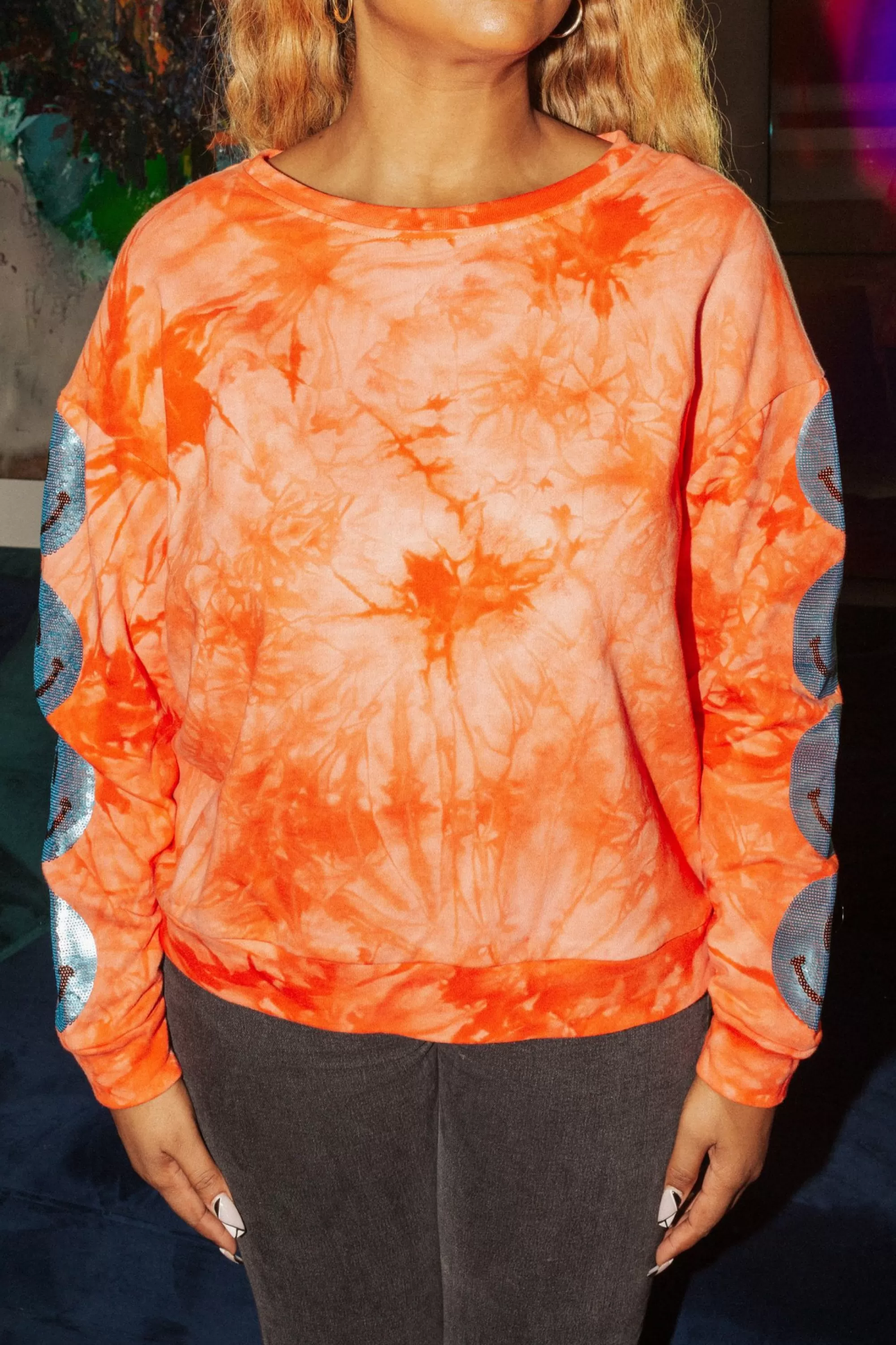 womens Queen Of Sparkles Smiley Sequin Sleeve Sweatshirt Tie Dye