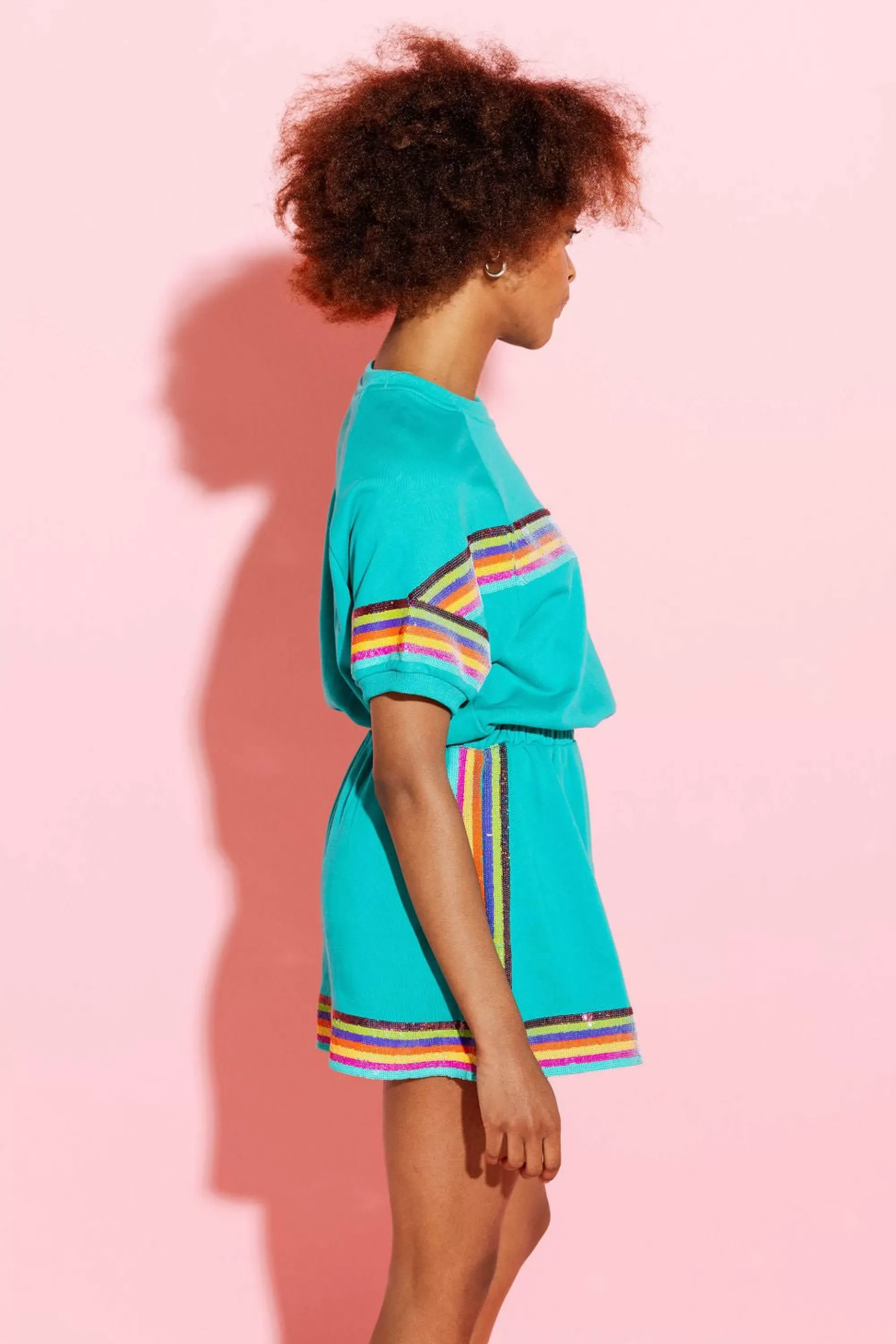womens Queen Of Sparkles Teal Rainbow Sequin Stripe Dress Short Sleeve