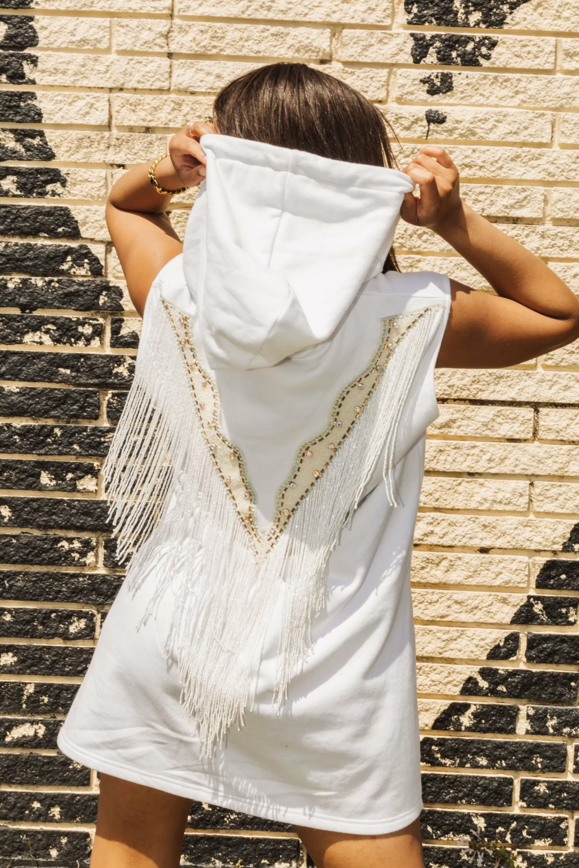 womens Queen Of Sparkles White Bead Fringe Hoody Dress
