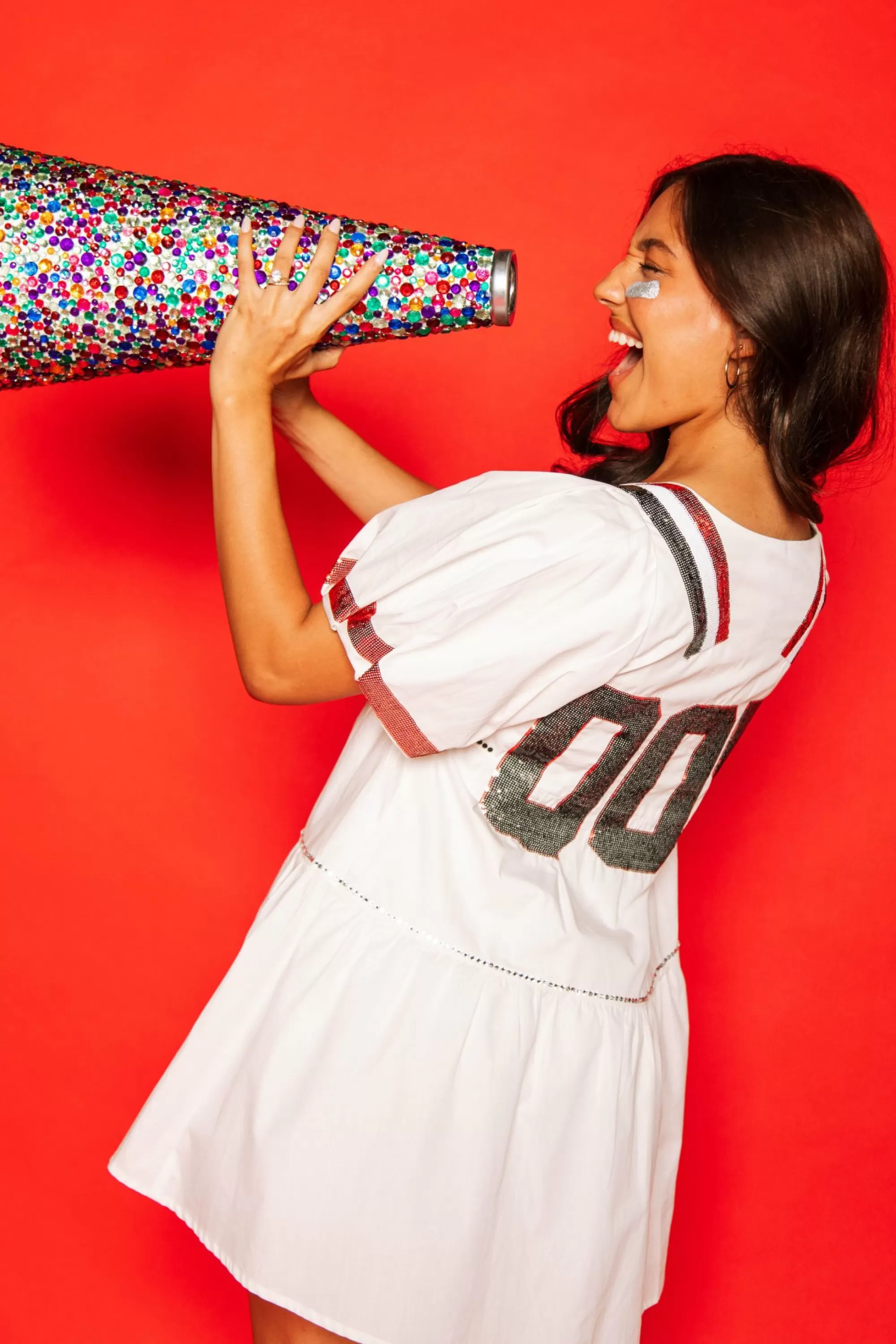 womens Queen Of Sparkles White, Black/Red Poof Sleeve Qos Jersey Dress