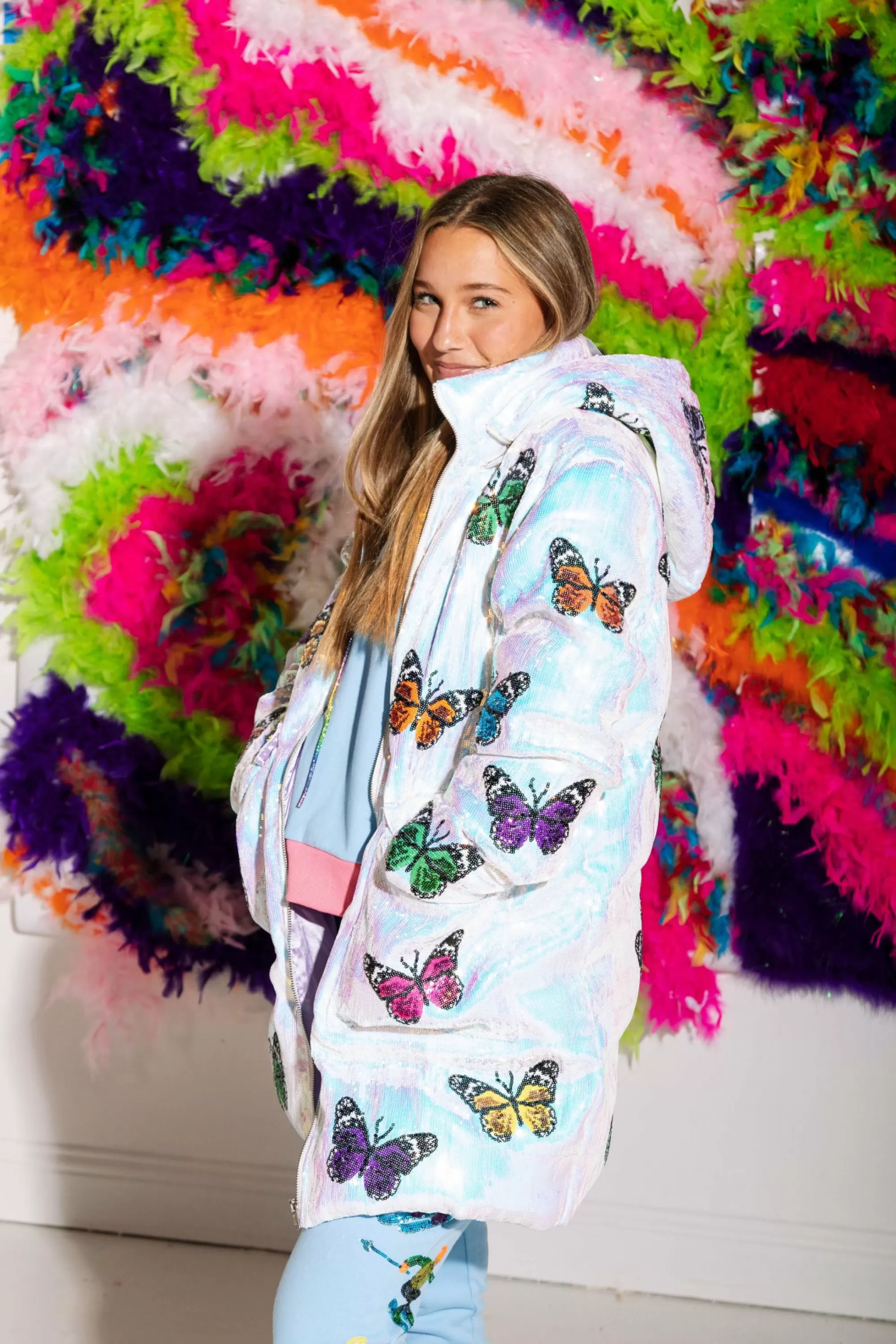 womens Queen Of Sparkles White Butterfly Oversized Puffer