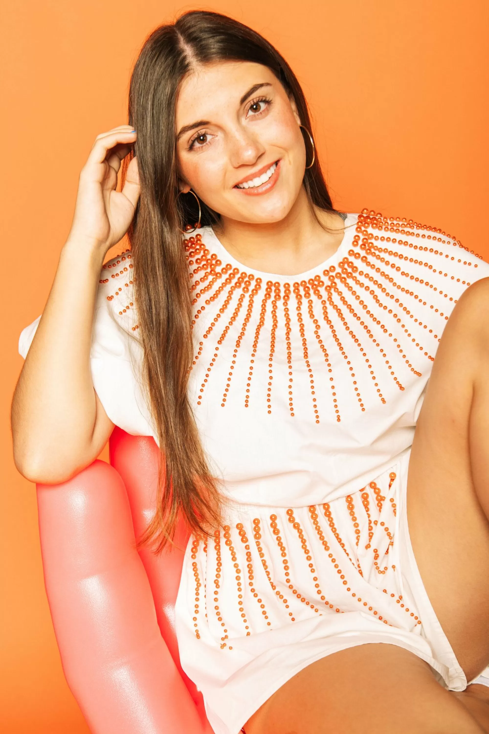 womens Queen Of Sparkles White Cotton Bubble Top With Orange Burst