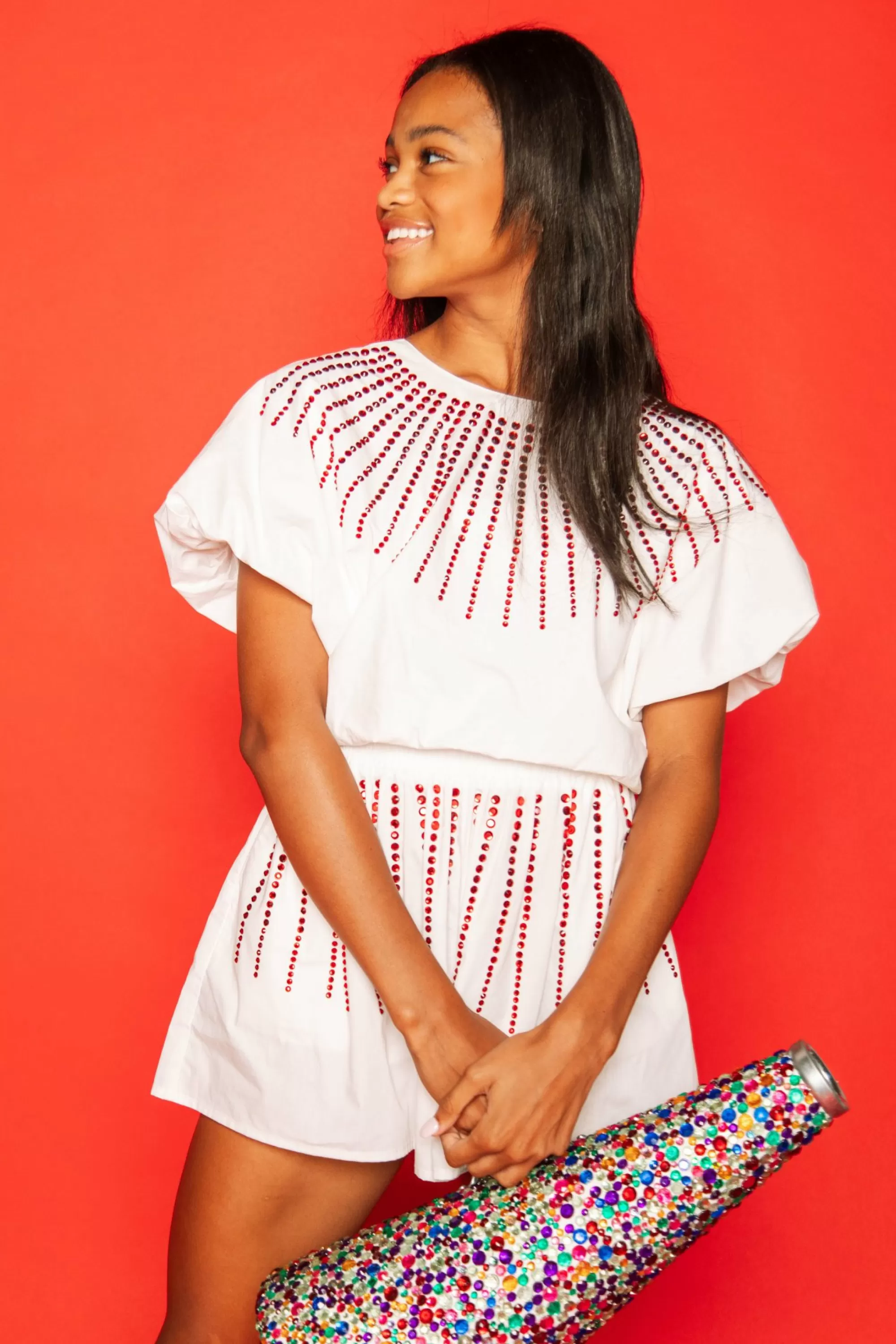 womens Queen Of Sparkles White Cotton Bubble Top With Red Burst