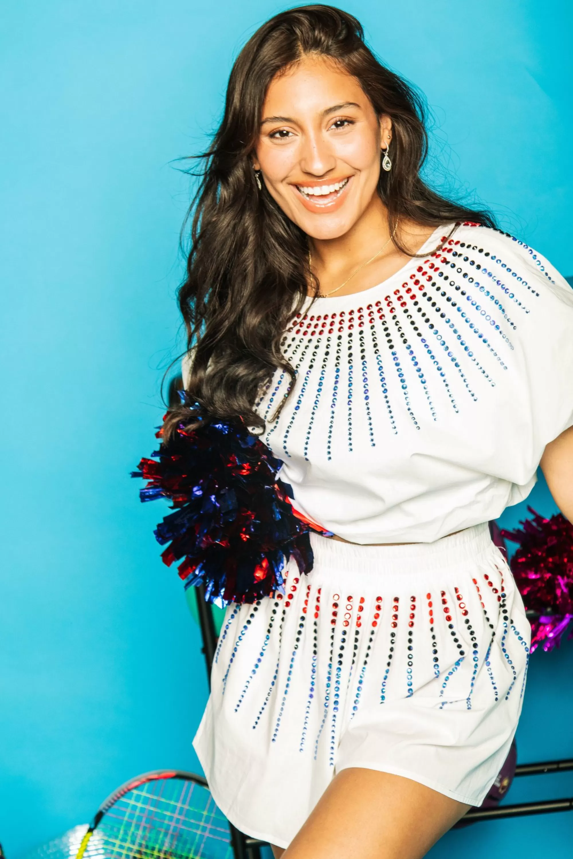womens Queen Of Sparkles White Cotton Short With Red & Blue Burst