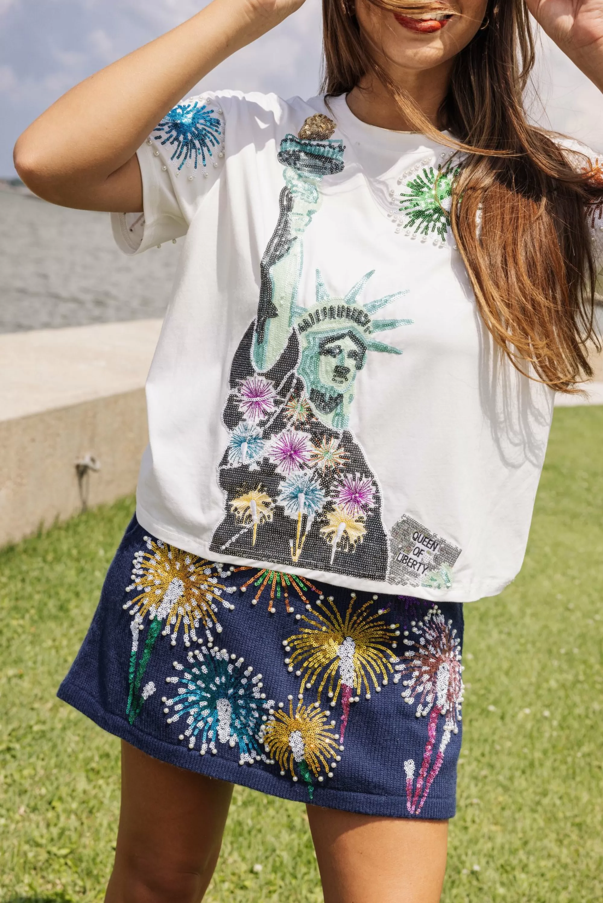 womens Queen Of Sparkles White Firework Lady Liberty Tee