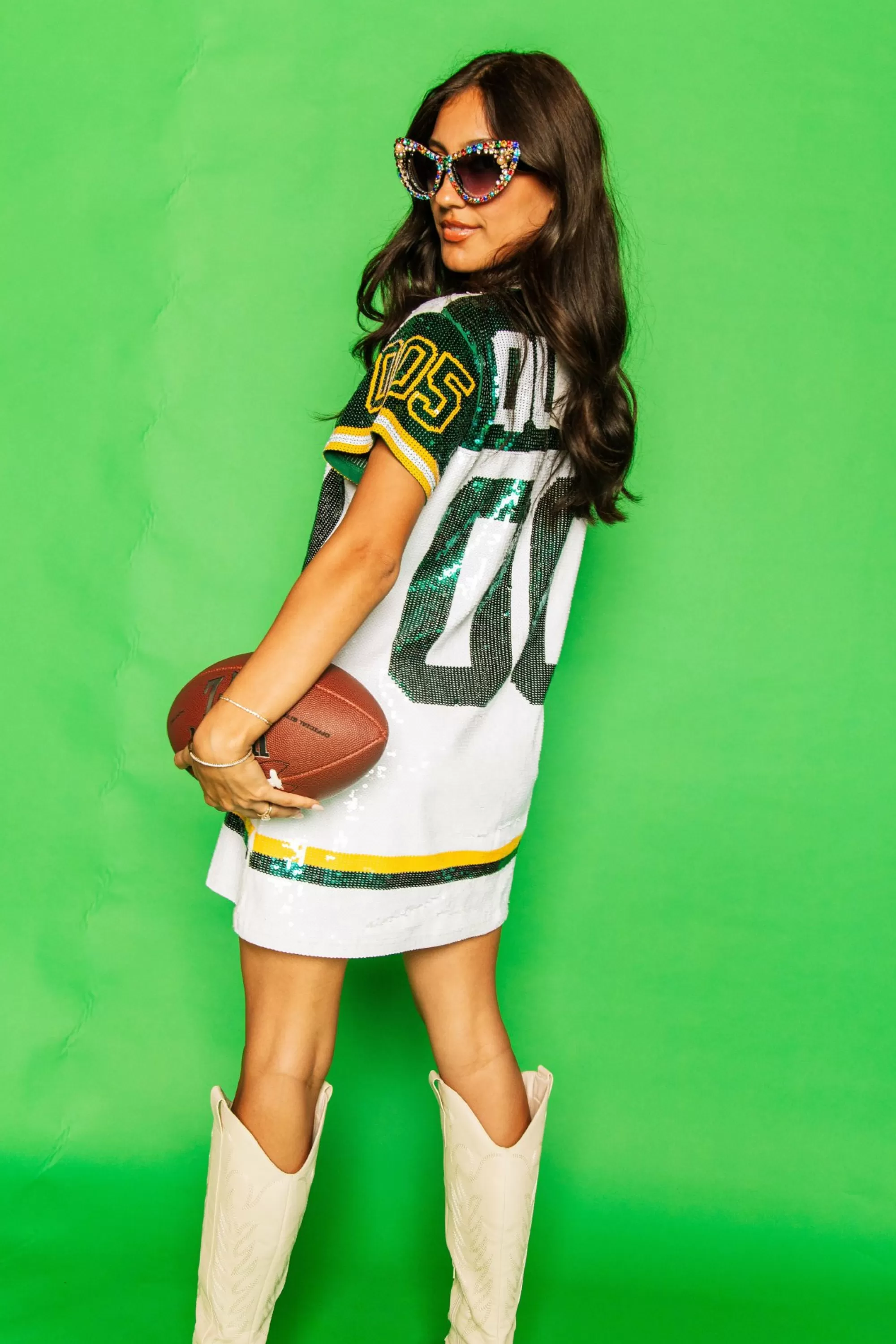 womens Queen Of Sparkles White, Green/Yellow Full Sequin Jersey Dress