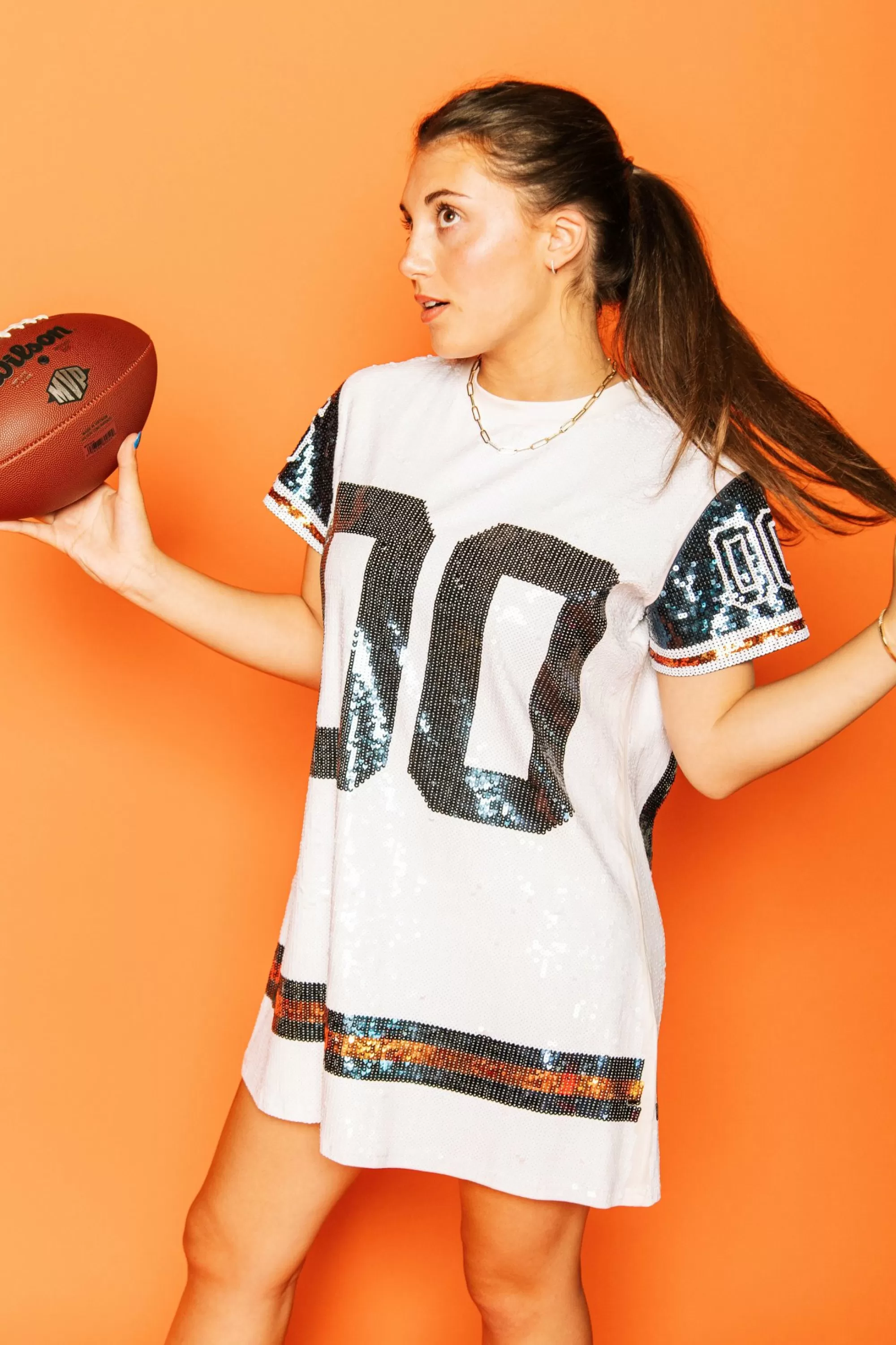 womens Queen Of Sparkles White, Navy/Orange Full Sequin Jersey Dress
