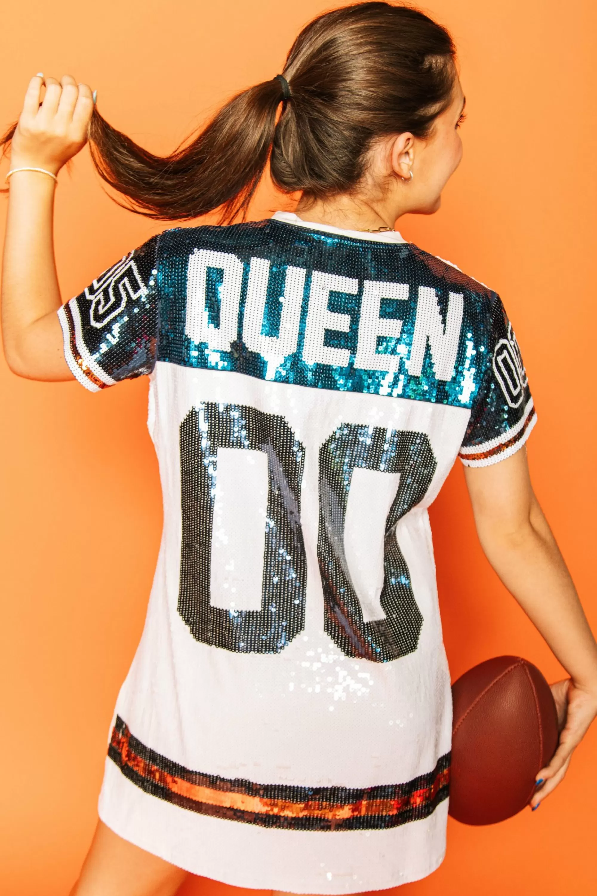 womens Queen Of Sparkles White, Navy/Orange Full Sequin Jersey Dress