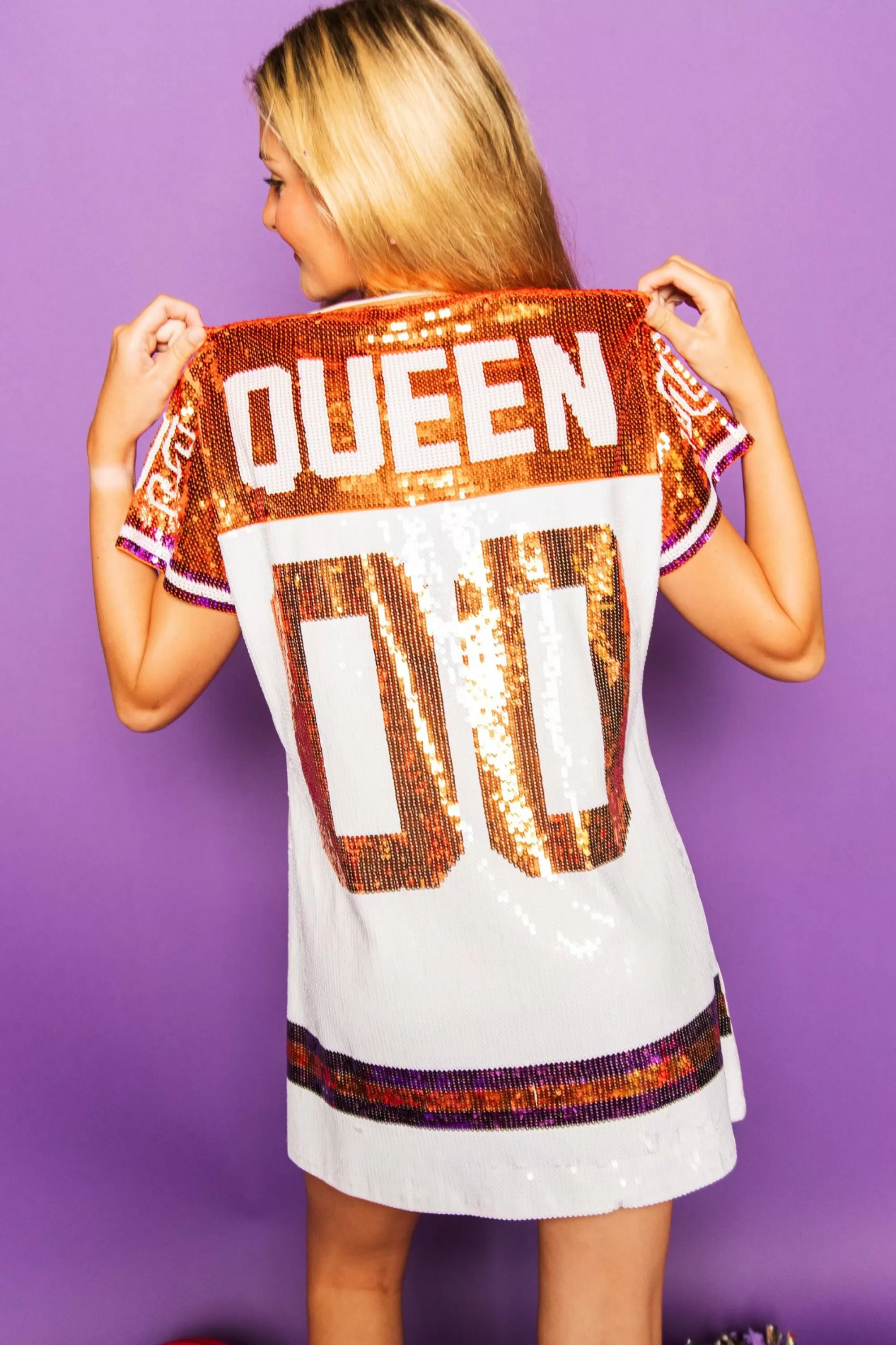 womens Queen Of Sparkles White, Orange/Purple Full Sequin Jersey Dress