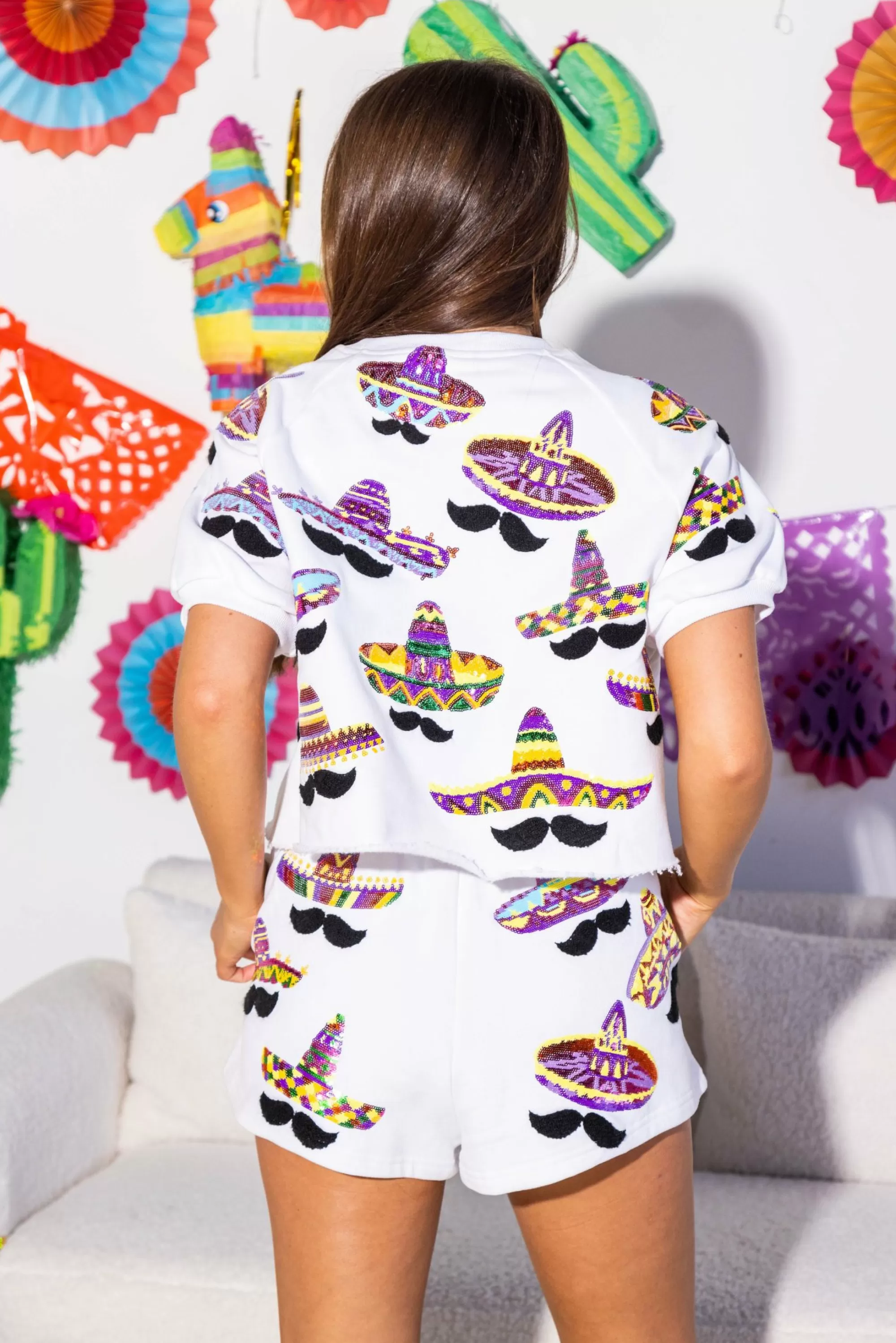 womens Queen Of Sparkles White Sombrero & Mustache Top
