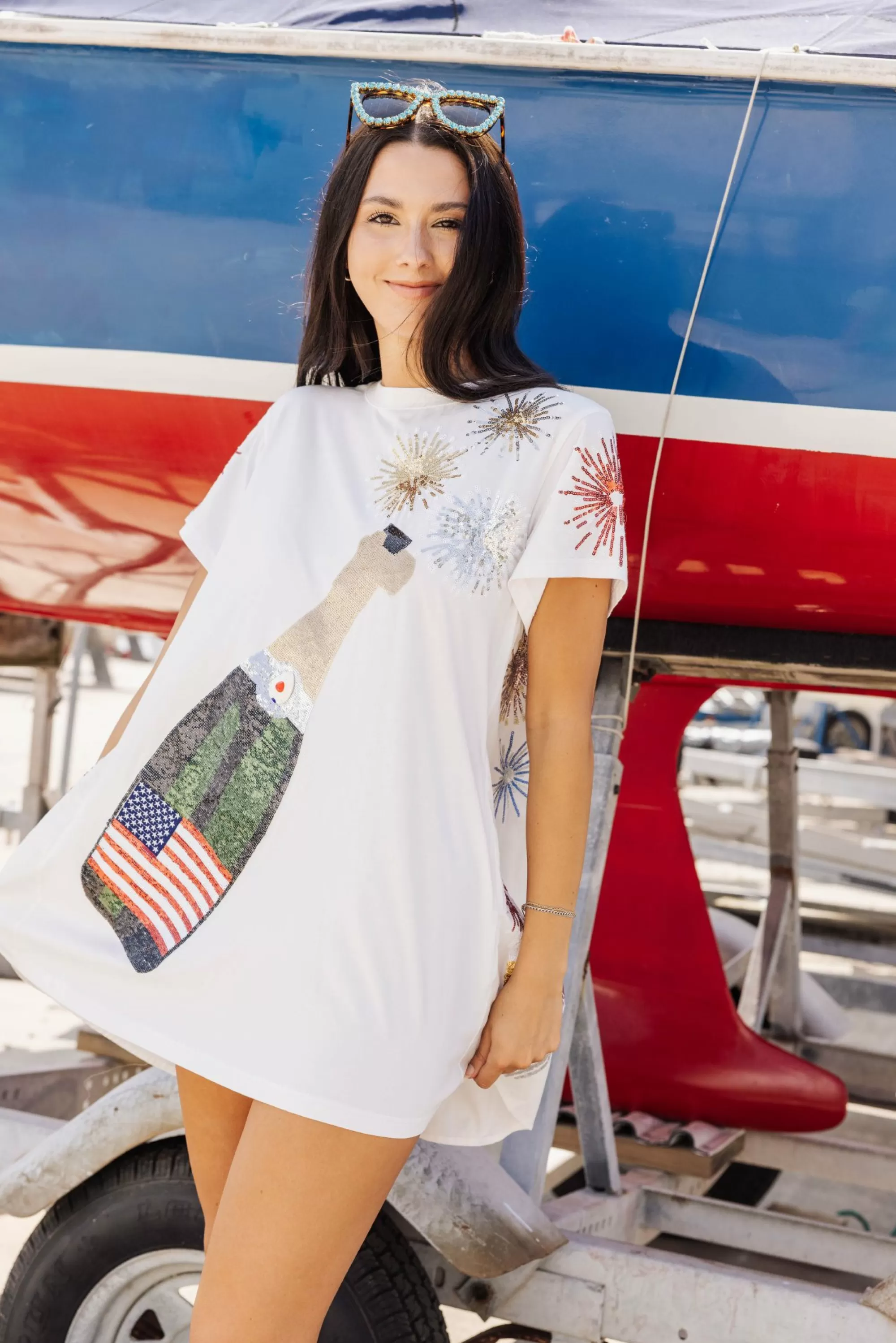 womens Queen Of Sparkles White Usa Popping Champagne Tee Dress