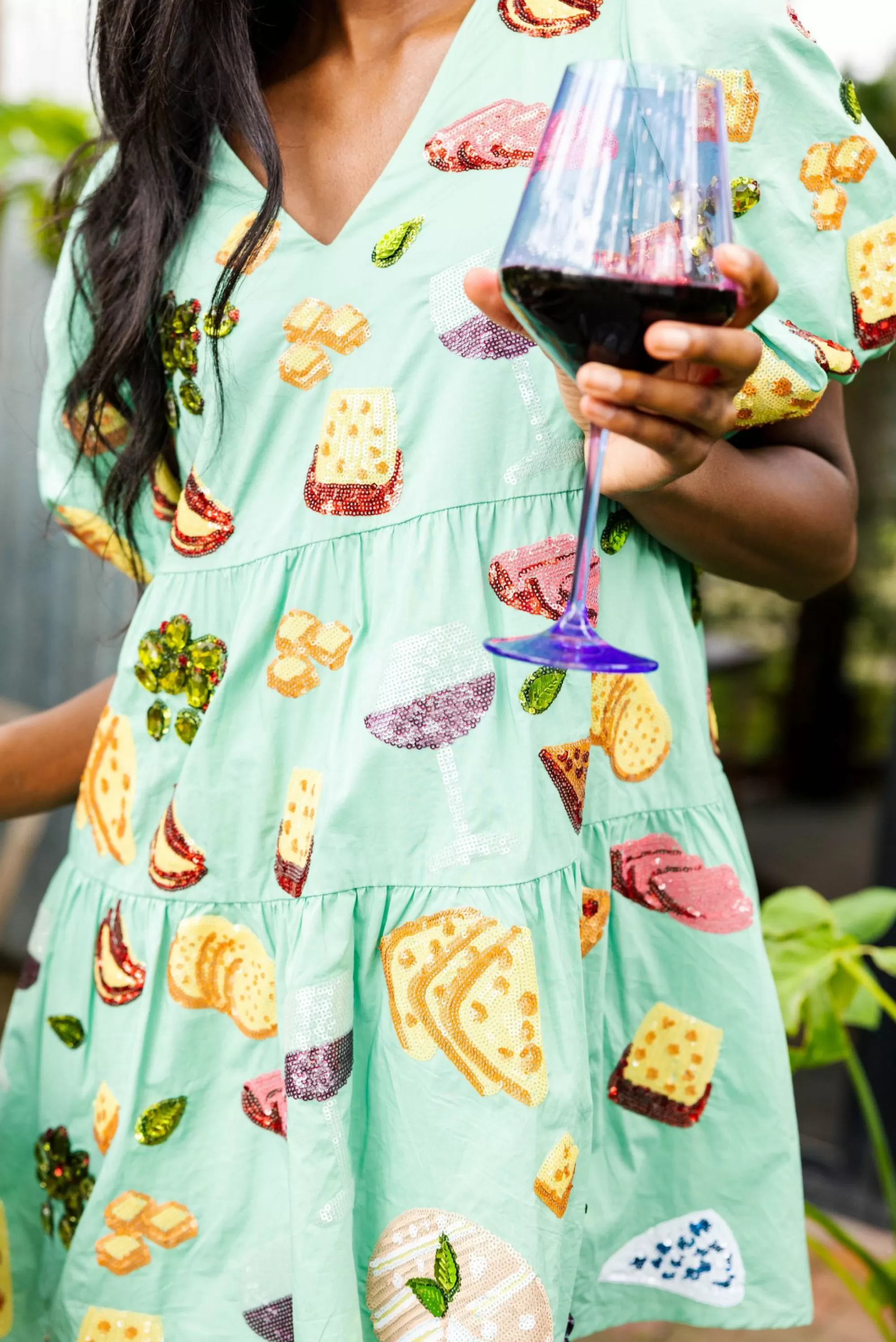 womens Queen Of Sparkles Wine & Charcuterie Poof Sleeve Dress